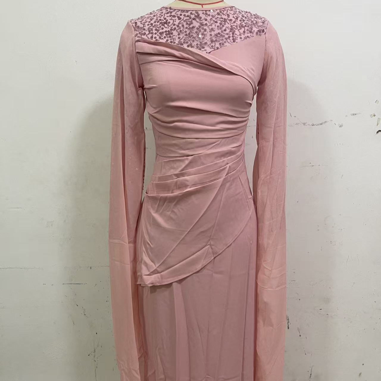 Sequin Embellished Formal Dress | Long Sleeve Ruched Bodycon Dress(MS272)