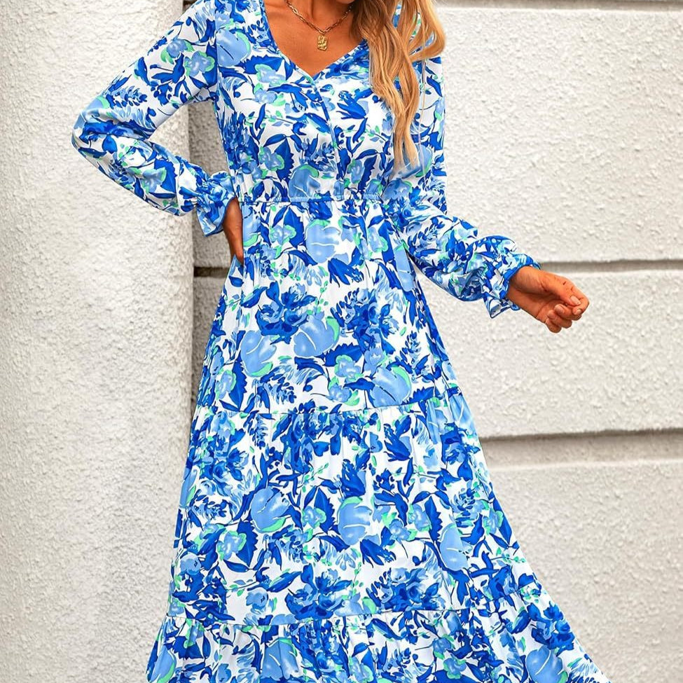 Floral Print V-Neck Midi Dress | Long Sleeve Elastic Waist Dress(MS271)