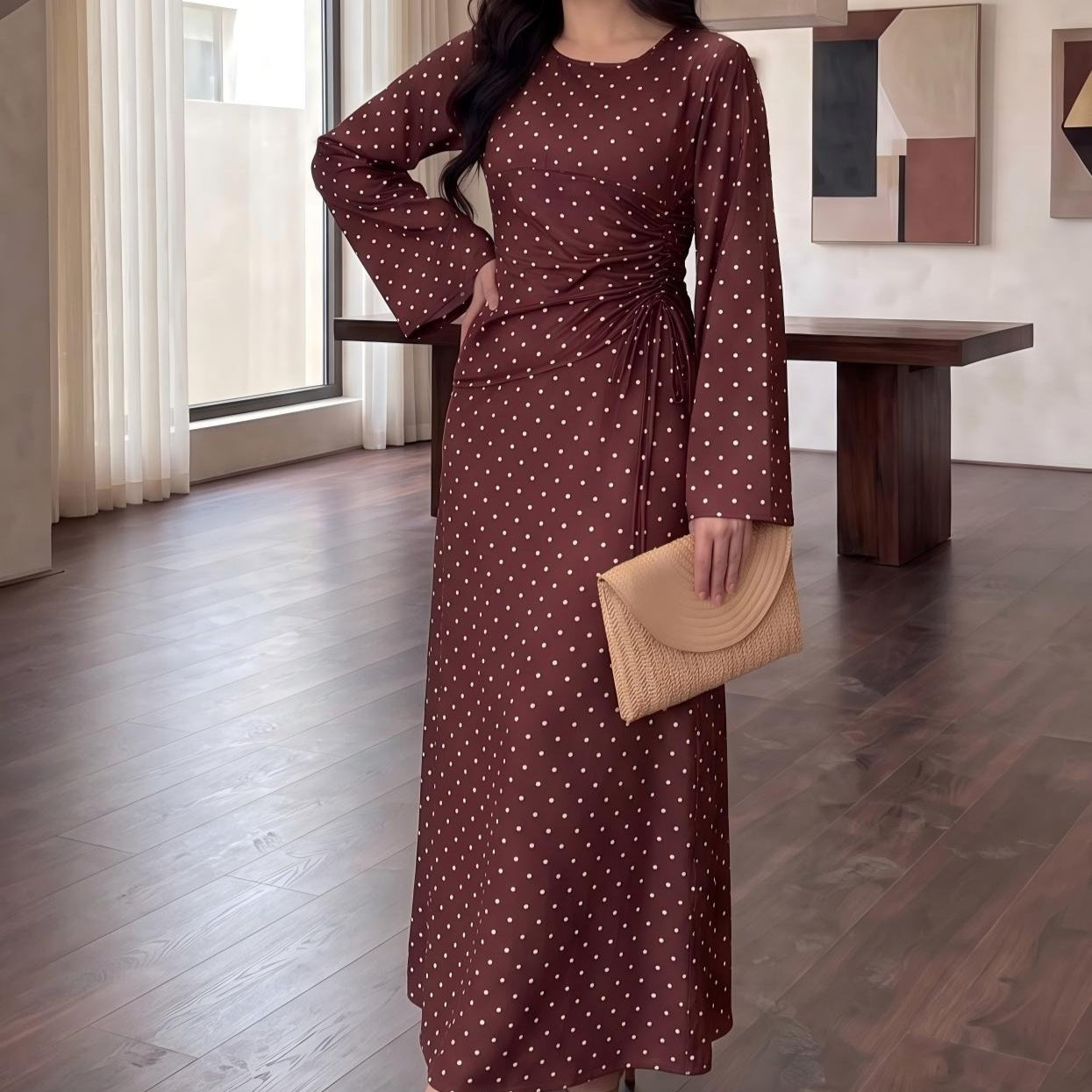 Maxikleid mit Polka-Dot-Muster und ausgestellten Ärmeln (MS503)