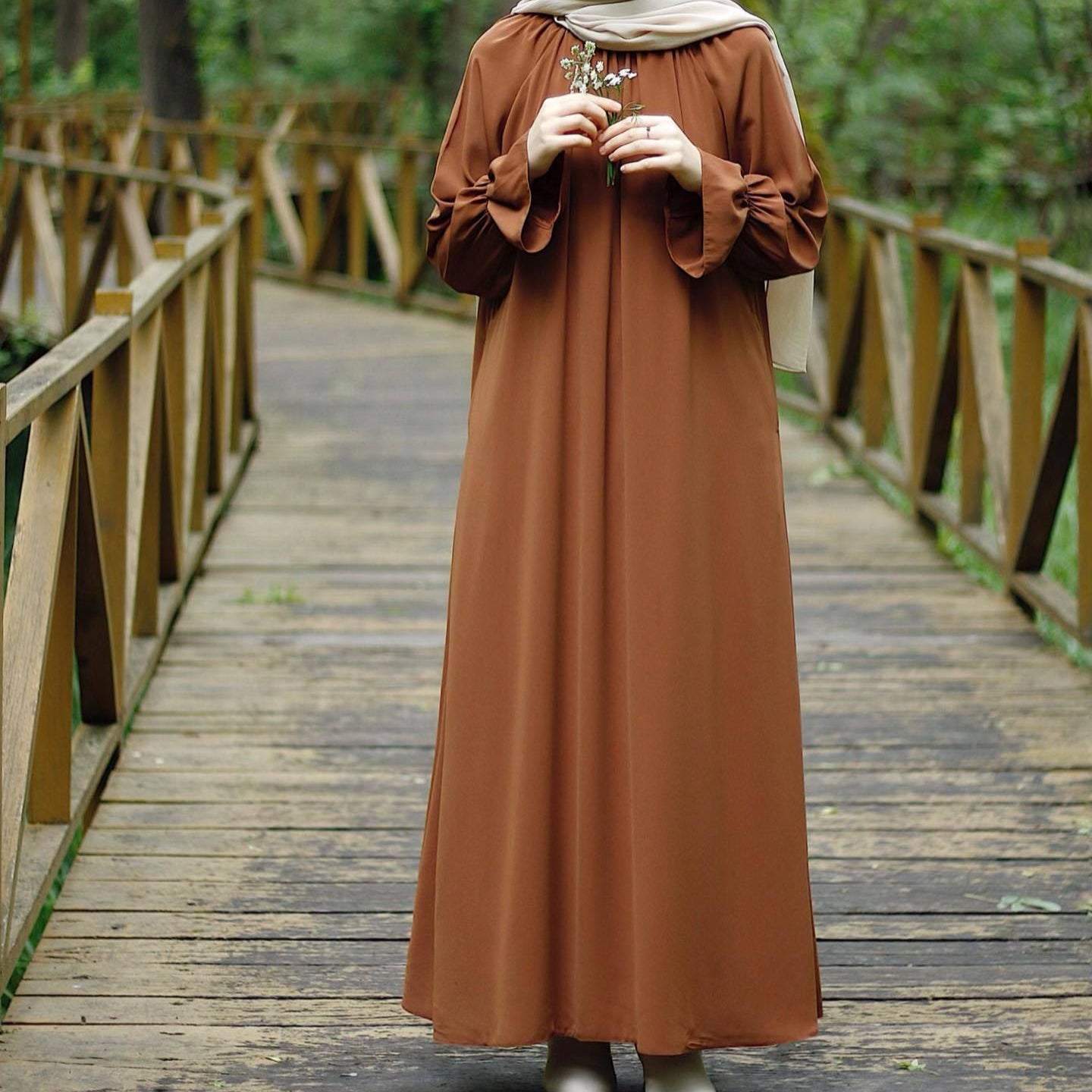 Bell Sleeve Chiffon Abaya | Round Neck Pocket Maxi Dress(MA363)