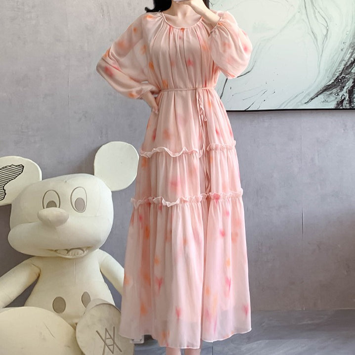 Watercolor Print Chiffon Maxi Dress | Long Sleeve Tiered Dress(MS270)