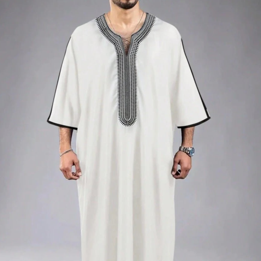 V-Neck Geometric Stitching Embroidered Medium Short Sleeve Muslim Robe Thobe (MT030)