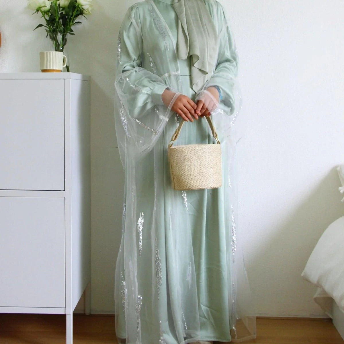 MA025 Pailletten Satin 2 Stück Tasche Abaya Set