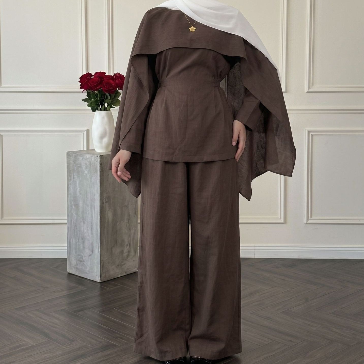 Detachable Shawl Long-Sleeve Top & Wide-Leg Trousers Three-Piece Co-ord Set(MS487)