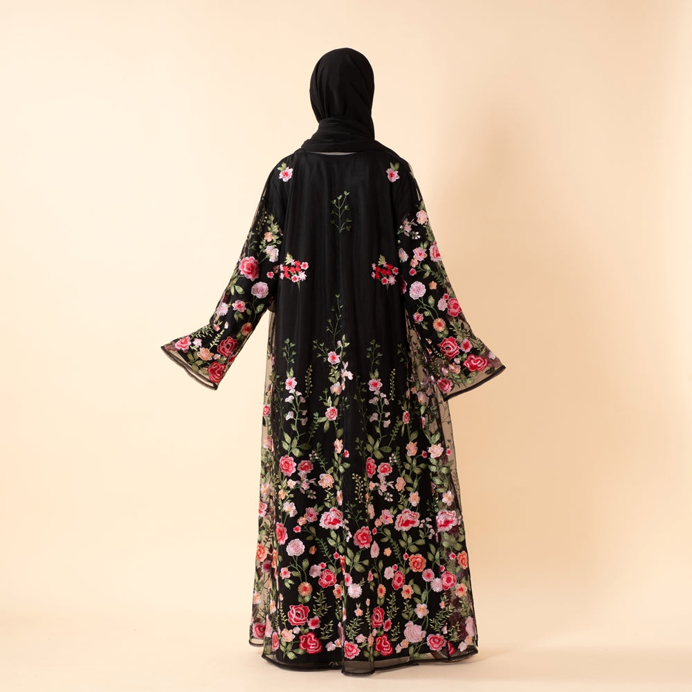 3D-Style Rose Garden Embroidered Open Abaya (MOA275)