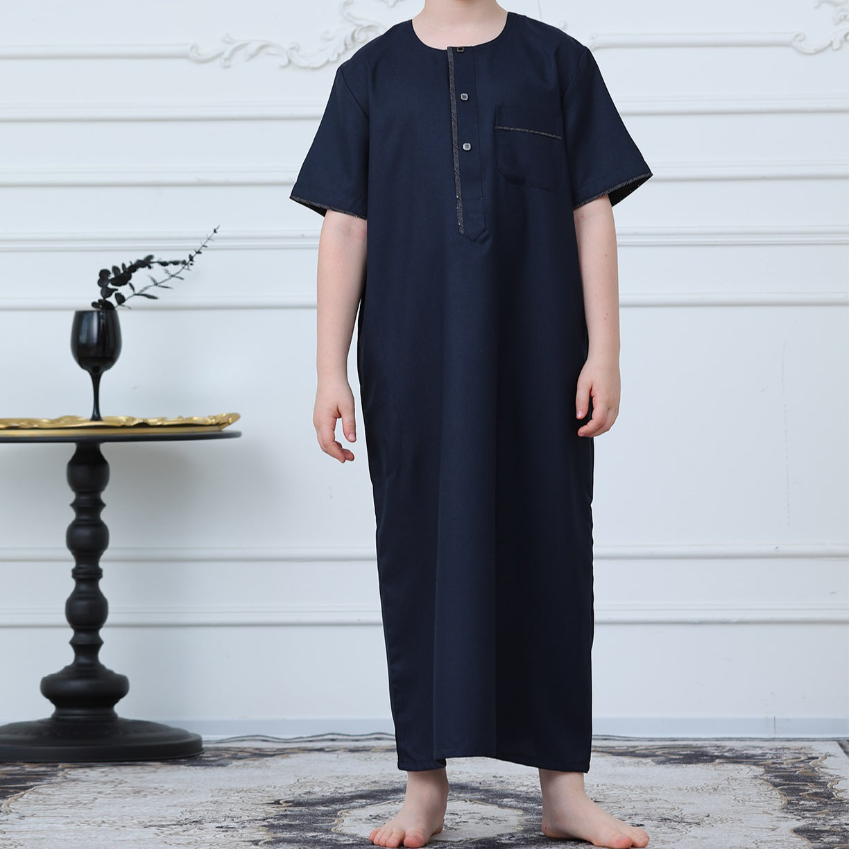 Boys Navy Short Sleeve Thobe with Chest Pocket(MKB022)
