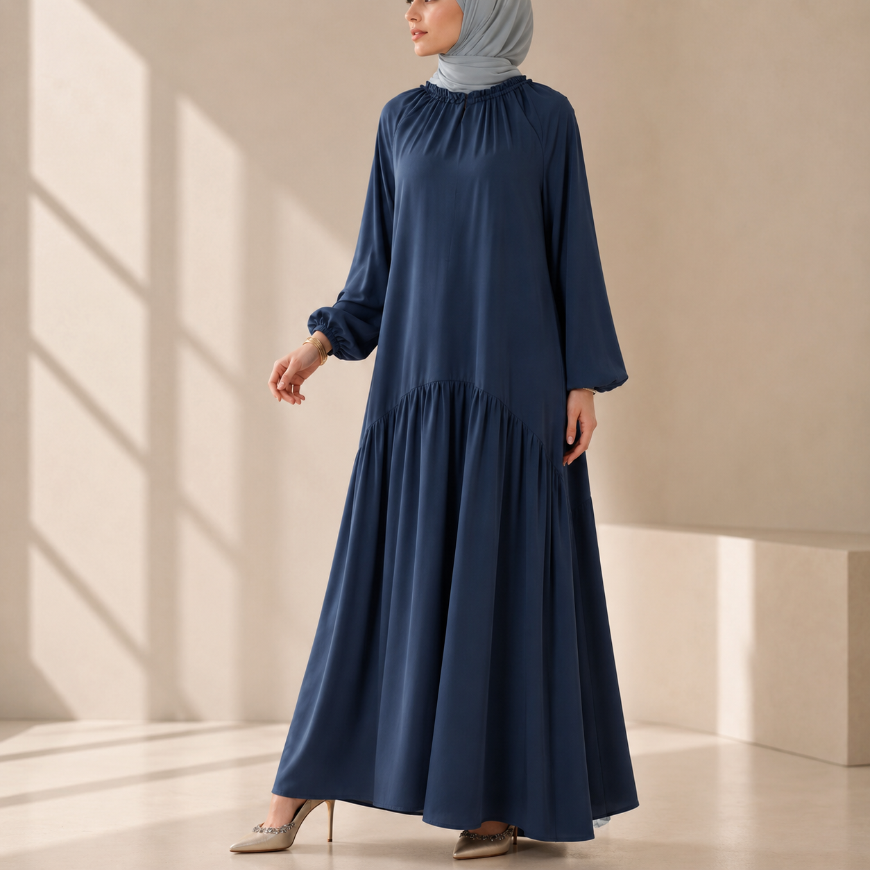 Ruffle Trim Pleated Relaxed Maxi Dress with Waist Tie(MA424) - Mariam's Collection