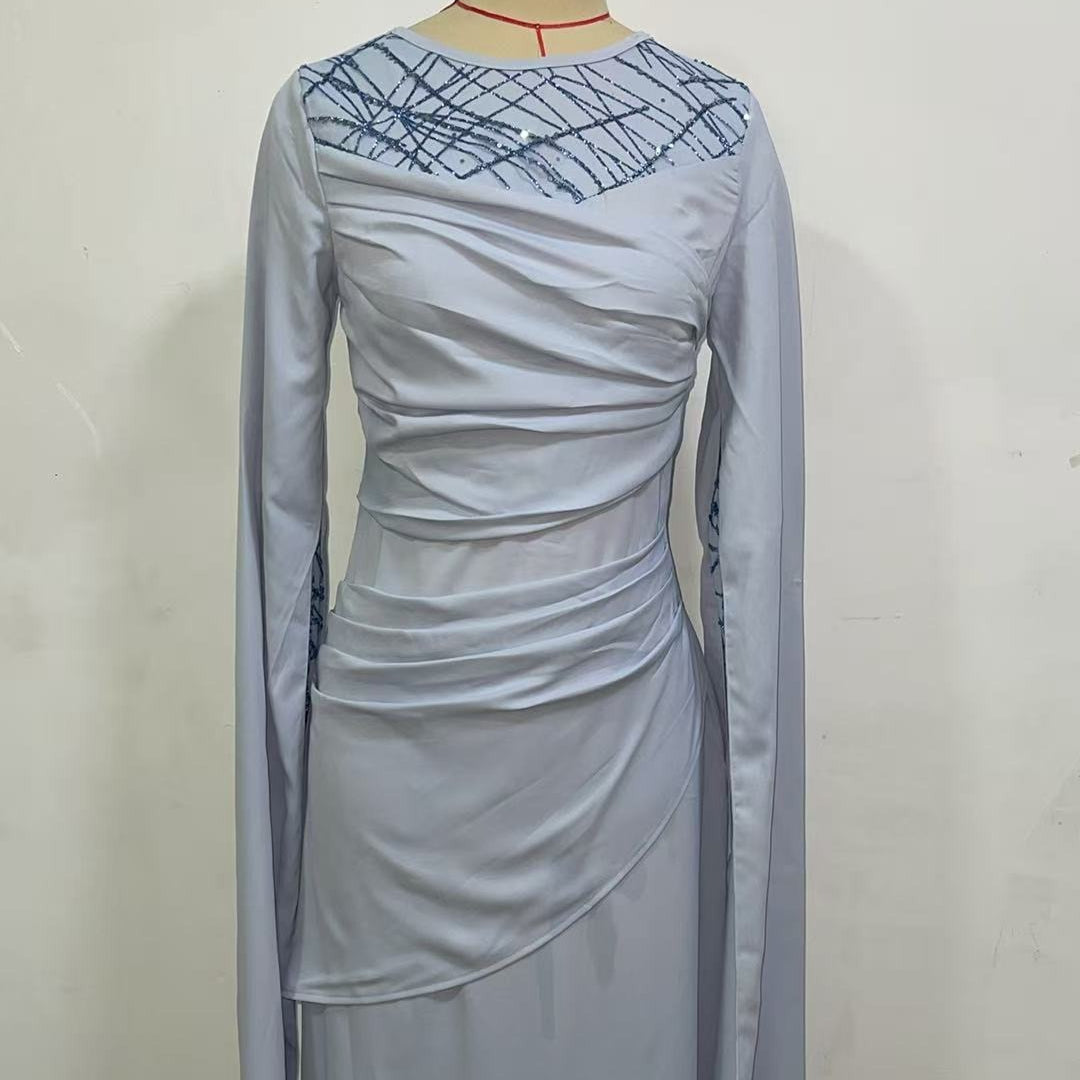 Sequin Embellished Formal Dress | Long Sleeve Ruched Bodycon Dress(MS272)