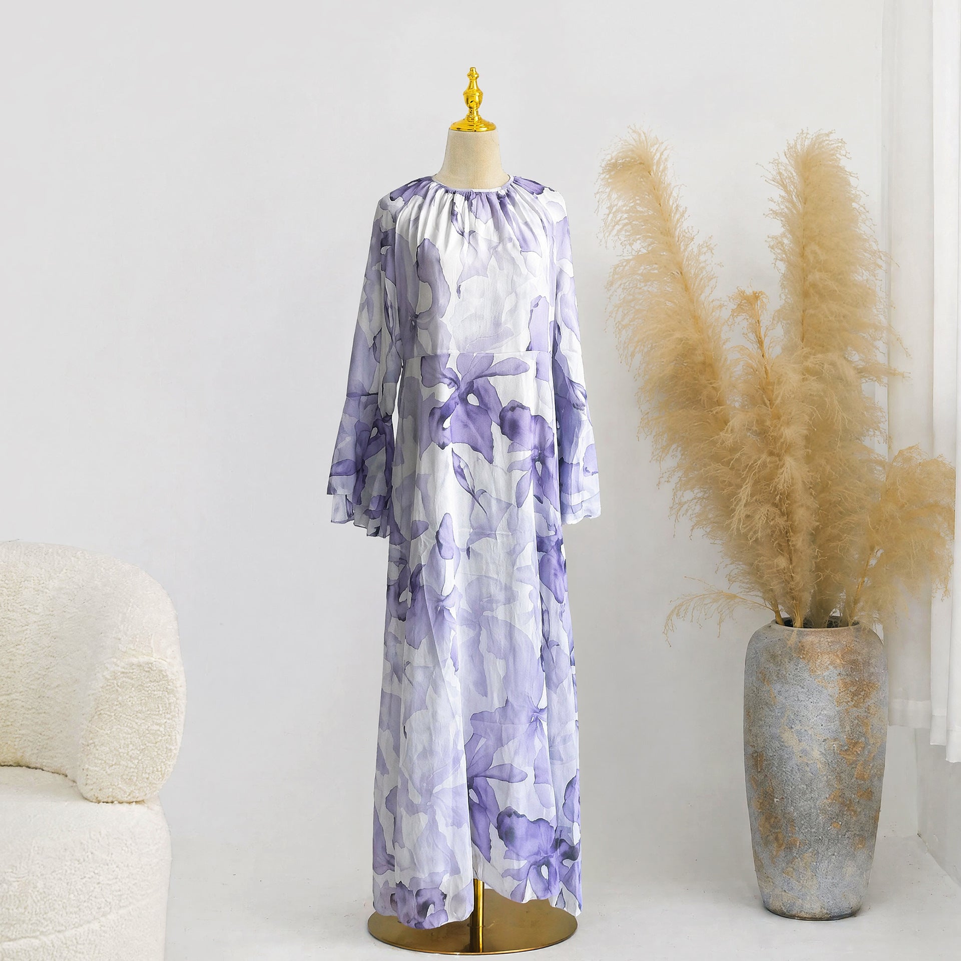 Watercolour Print Double-Layer Flared-Sleeve Maxi Dress(MA479)