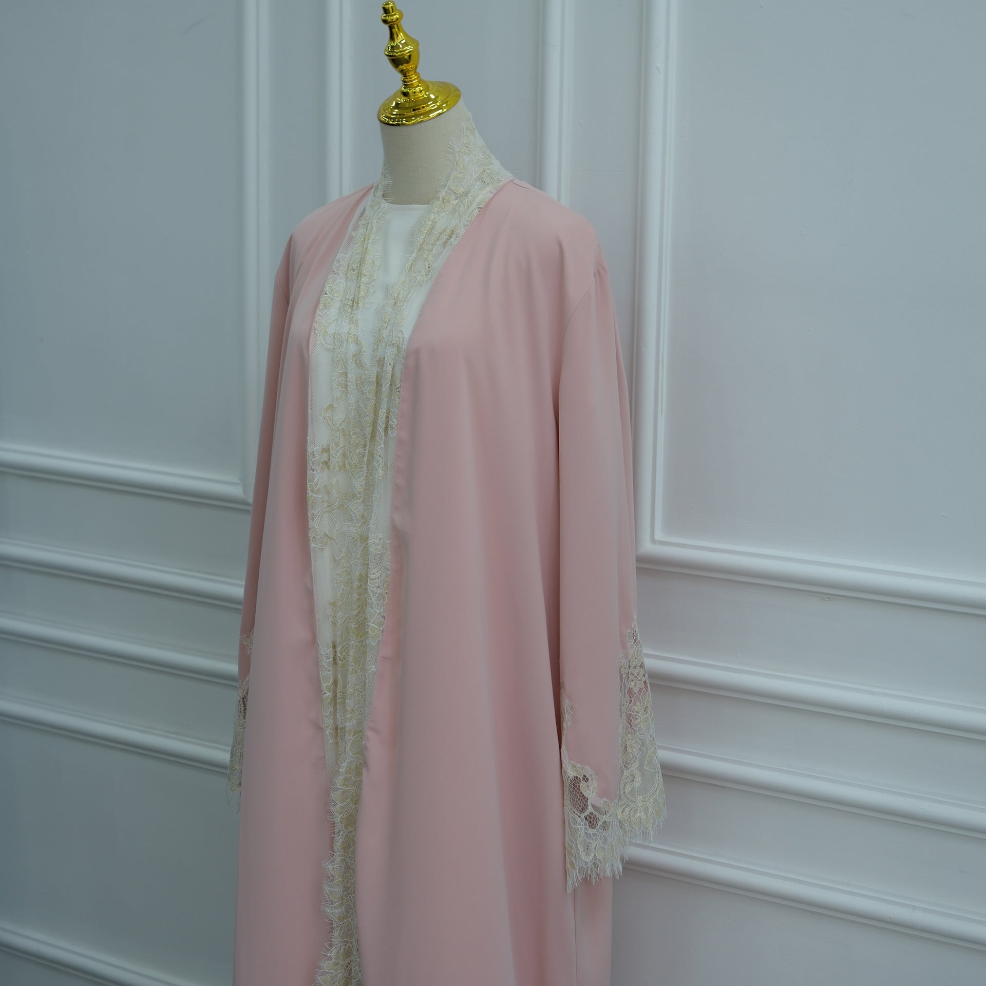 Lace-Panel Flared-Sleeve Open Abaya with Pockets(MOA332)