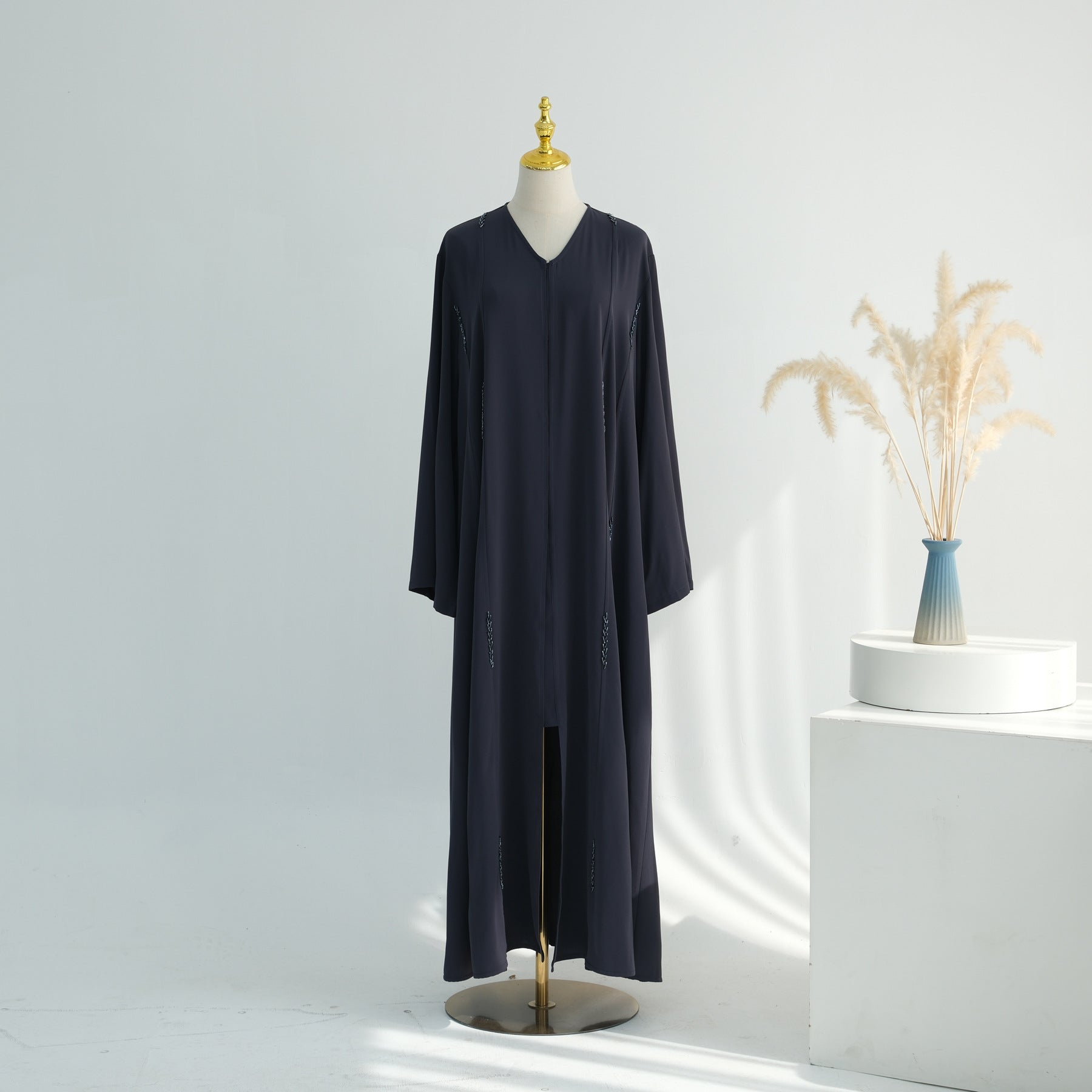 Hand-Beaded Linen Open Abaya(MOA320)