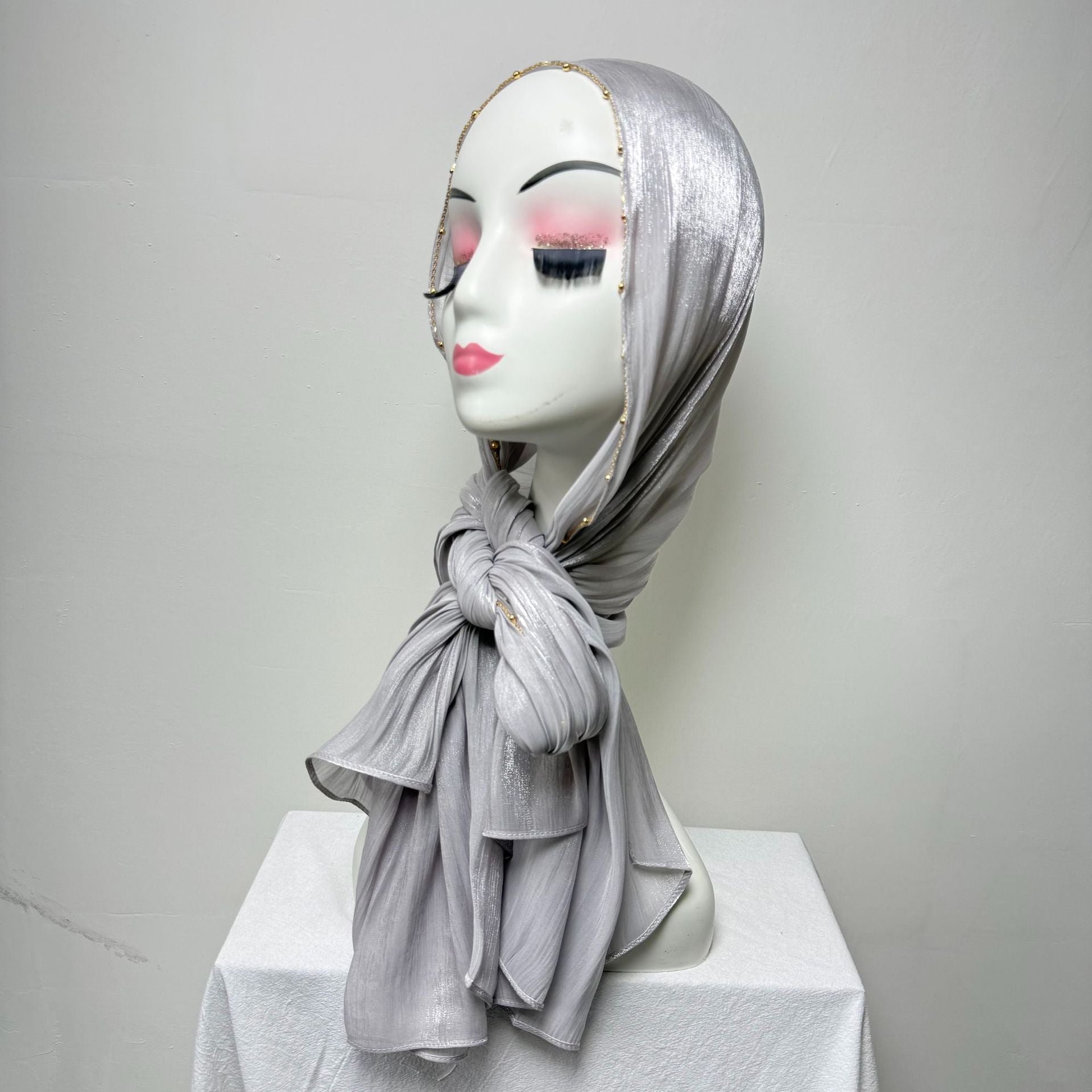 Gold Chain Beaded Edge Crinkle Satin Hijab(MH238)