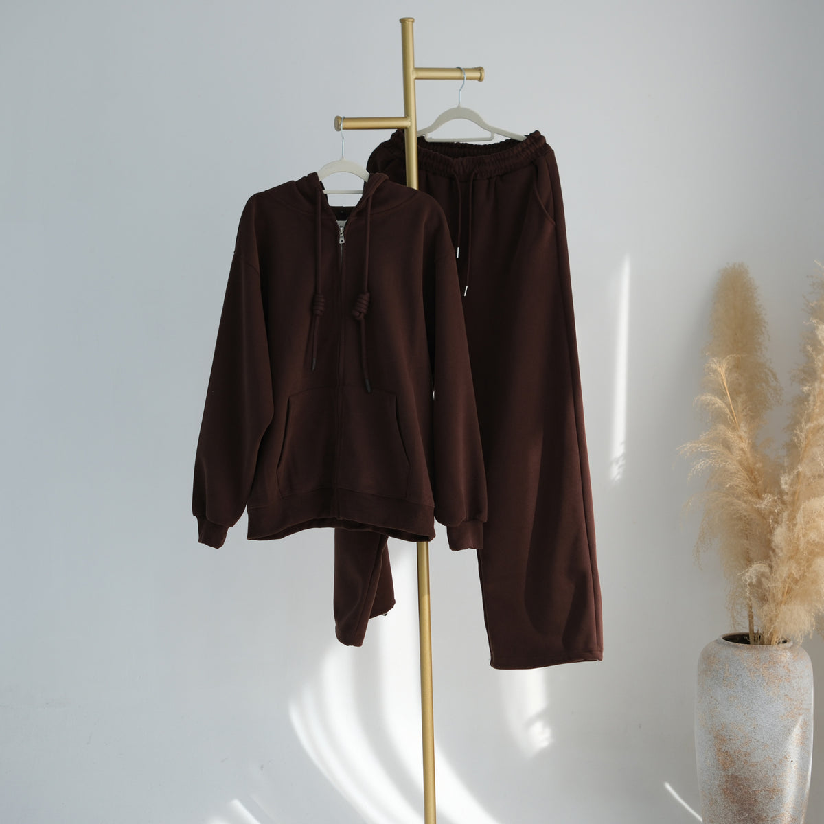 Zip-Up Hoodie & Wide-Leg Pants Set | Casual Modest Athleisure Two-Piece Outfit(MS595)
