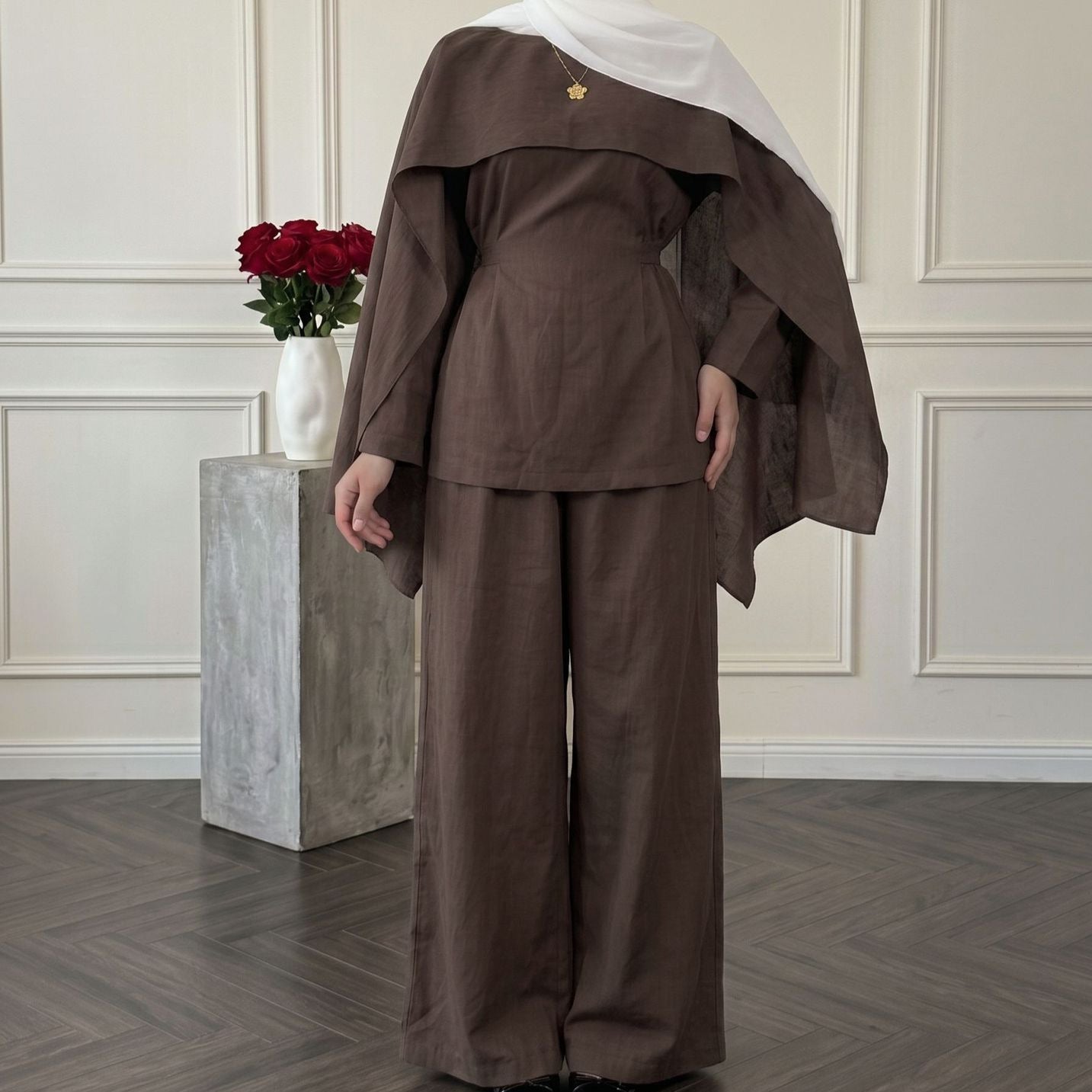 Detachable Shawl Long-Sleeve Top & Wide-Leg Trousers Three-Piece Co-ord Set(MS487)