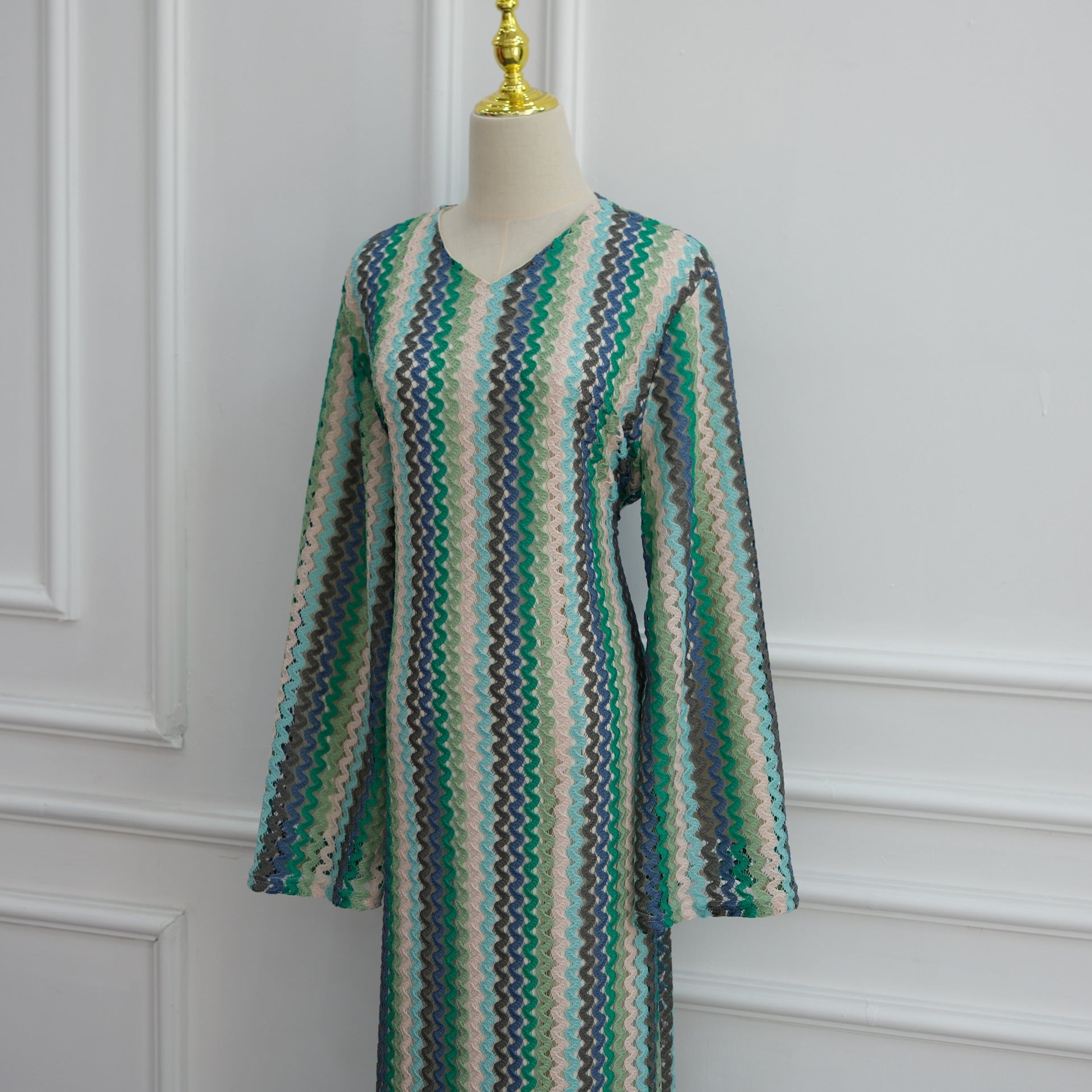 Rainbow Jacquard Flared-Sleeve Maxi Dress(MS486)