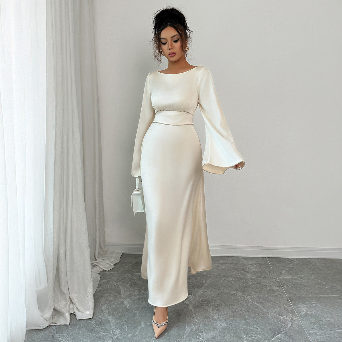 Belted Satin Maxi Dress | Long Sleeve Corset Waist Dress(MS276)