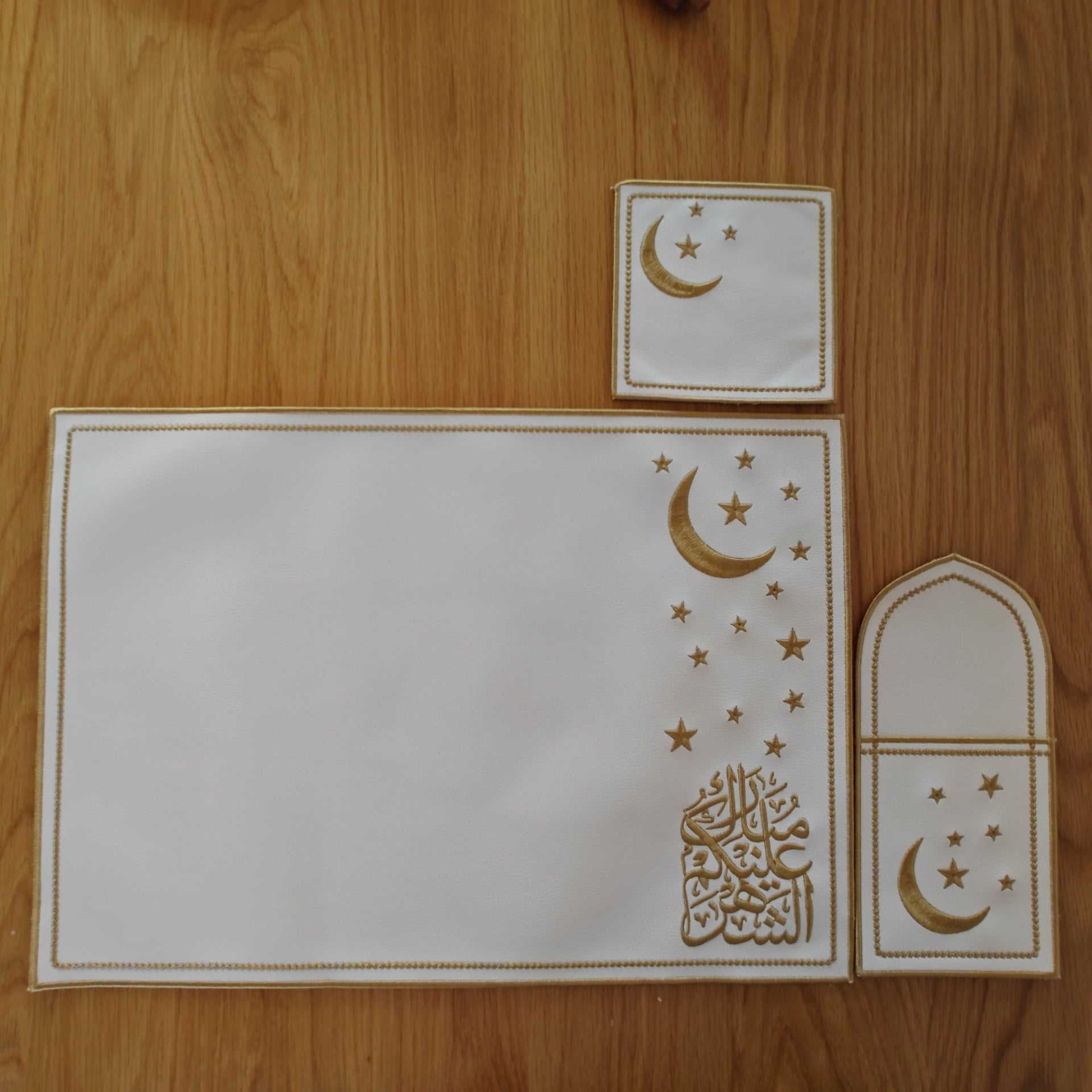 Star & Crescent Embroidered Leather Placemat Set | 3-Piece Dining Table Decor (MAC390)