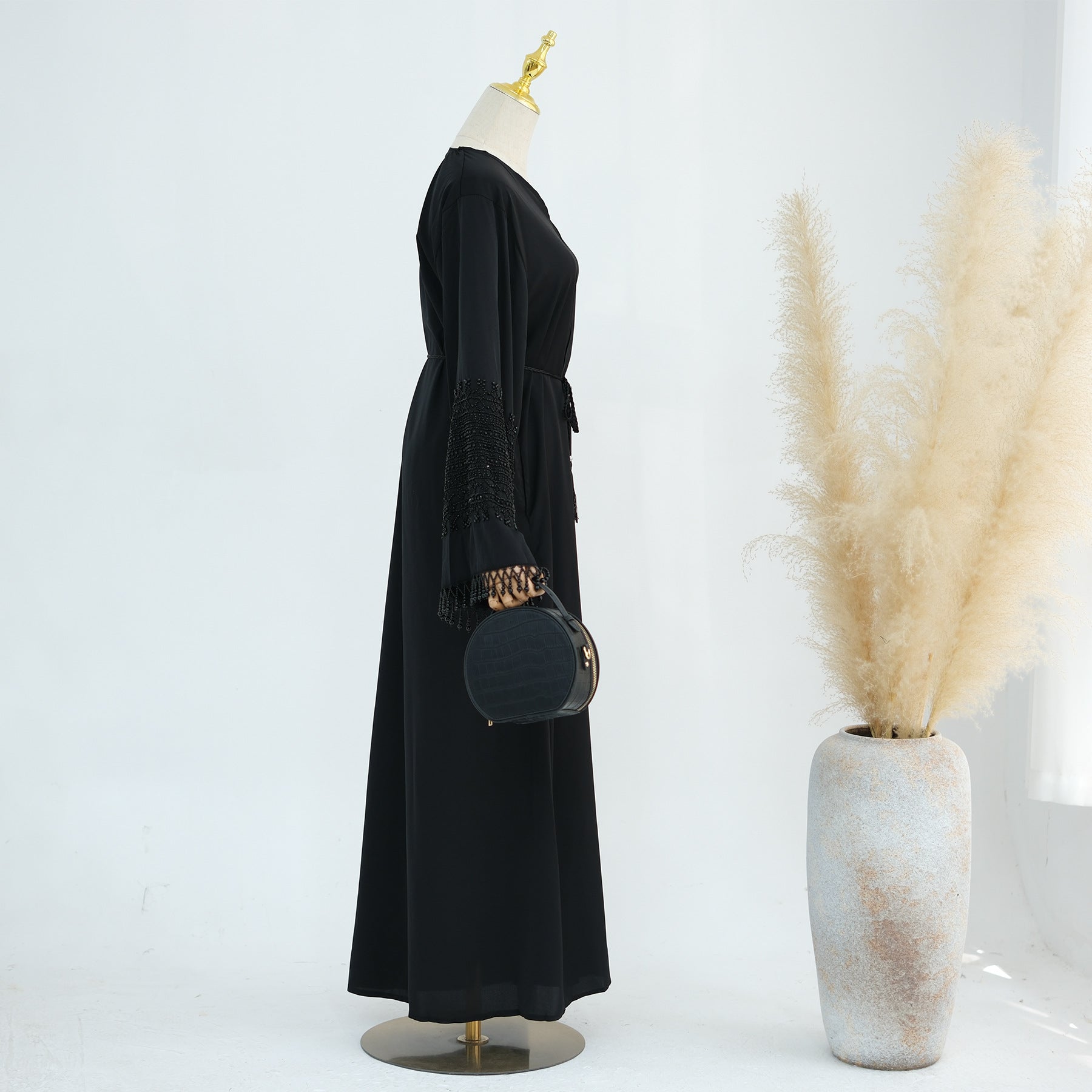 Beaded Embroidery Flared-Sleeve Open Abaya(MOA334)