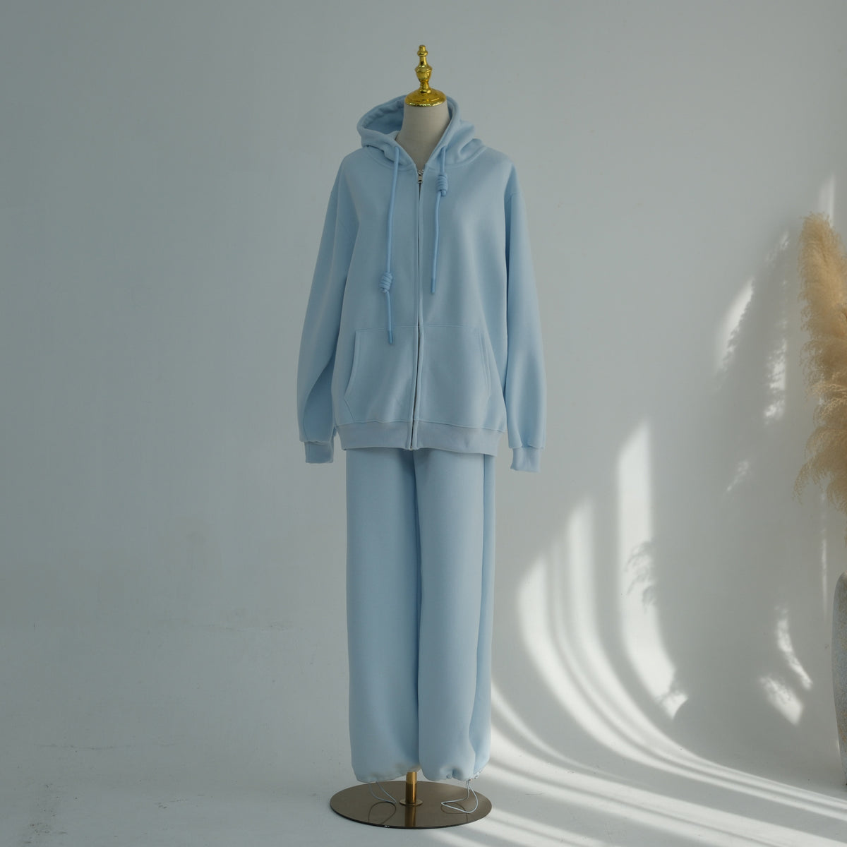 Zip-Up Hoodie & Wide-Leg Pants Set | Casual Modest Athleisure Two-Piece Outfit(MS595)