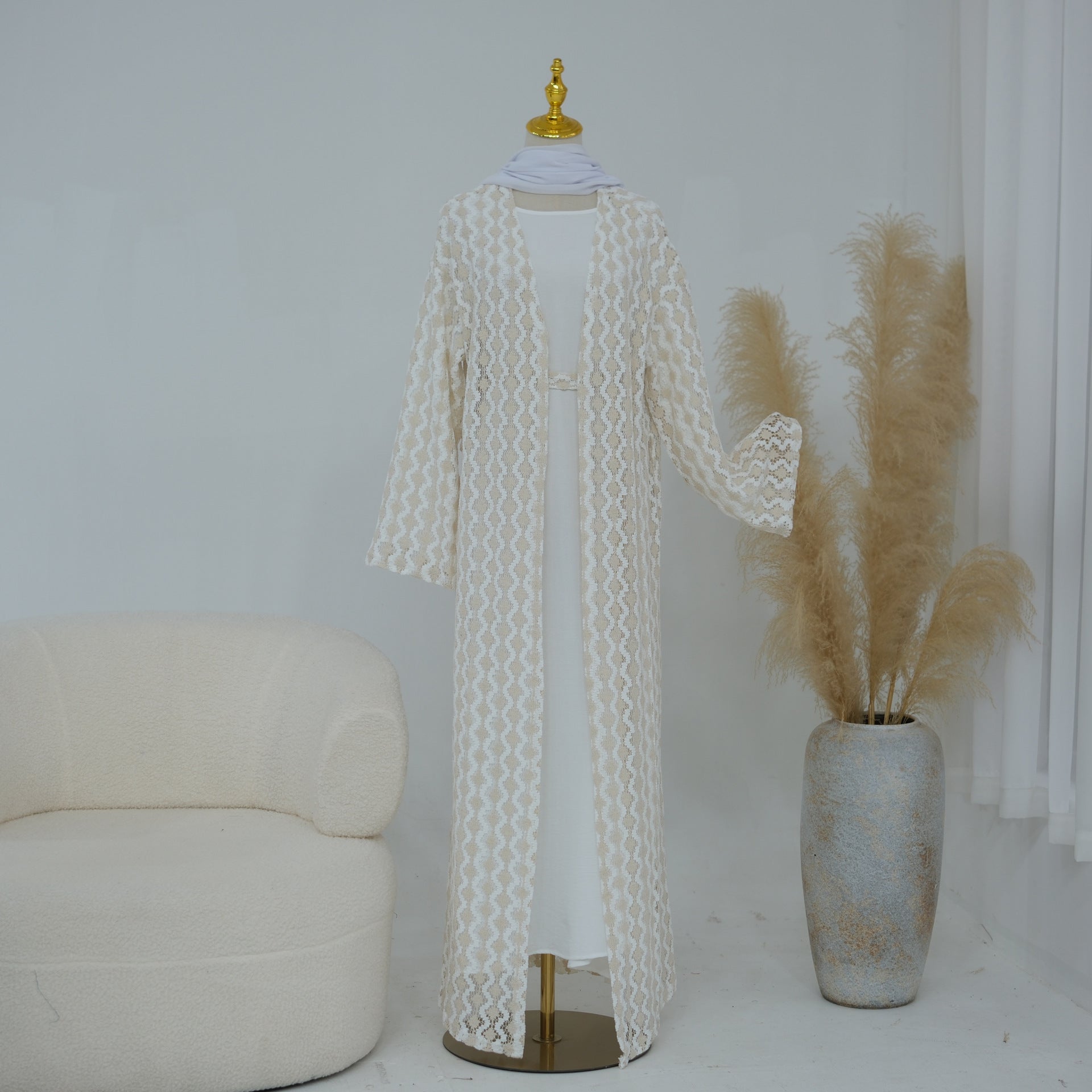 Openwork Lace Knit Open Abaya(MOA327)