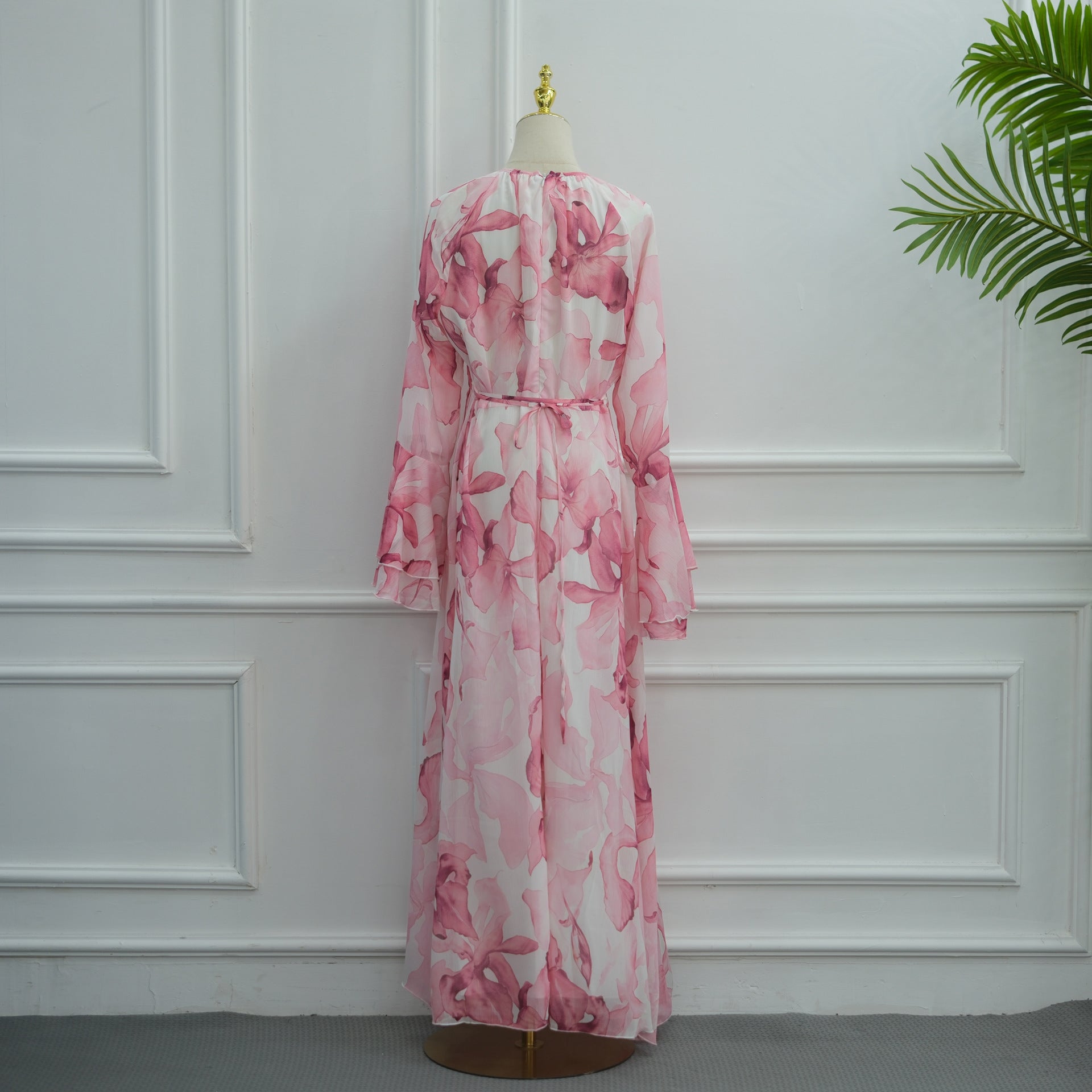 Watercolour Print Double-Layer Flared-Sleeve Maxi Dress(MA479)