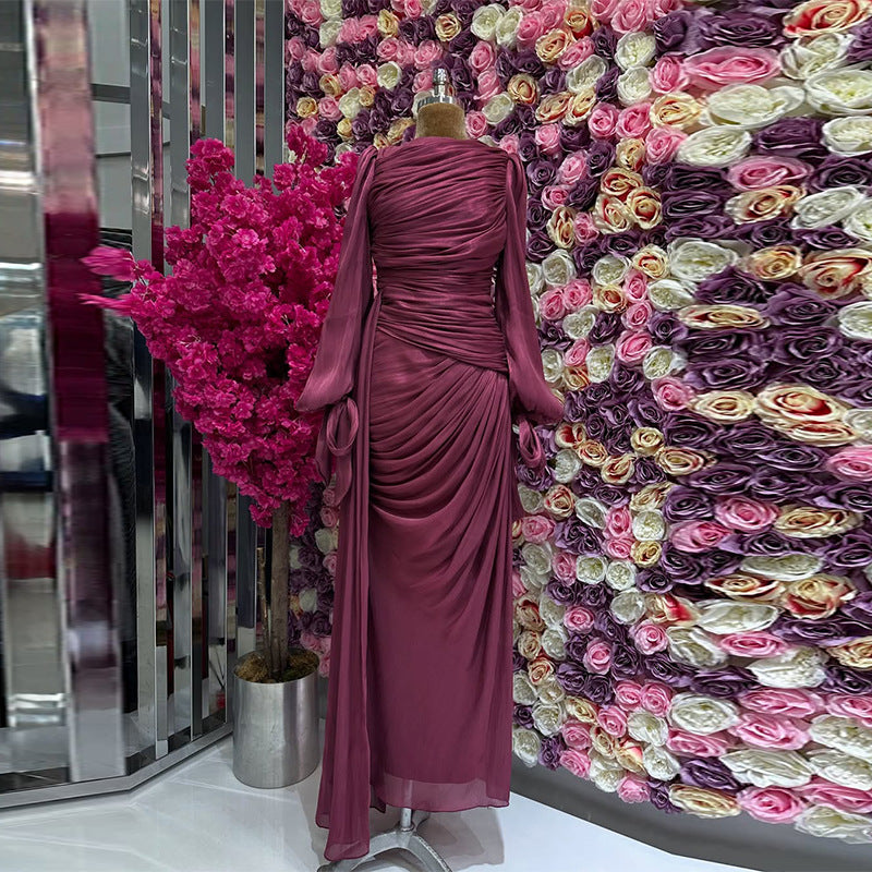 Ruched Evening Dress | Puff Sleeve Bodycon Maxi Dress(MS280)