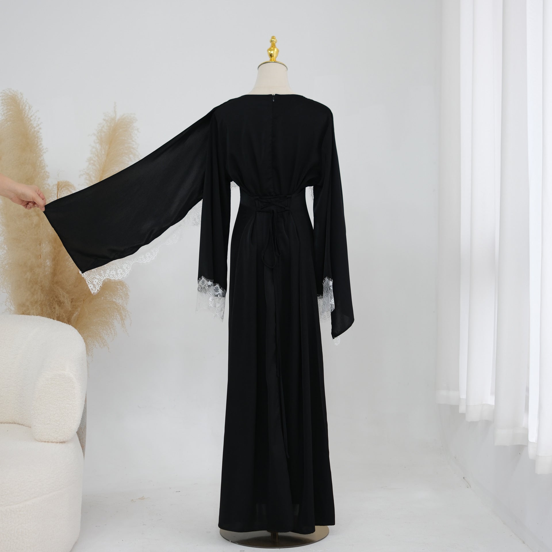 Lace Splice Satin Maxi Dress with Fixed Cape(MS438)