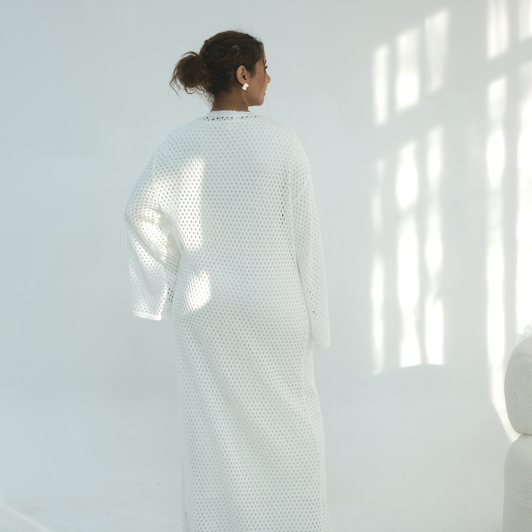 Hollow-Out Knit Open Abaya Cardigan with Waist Belt(MOA315)