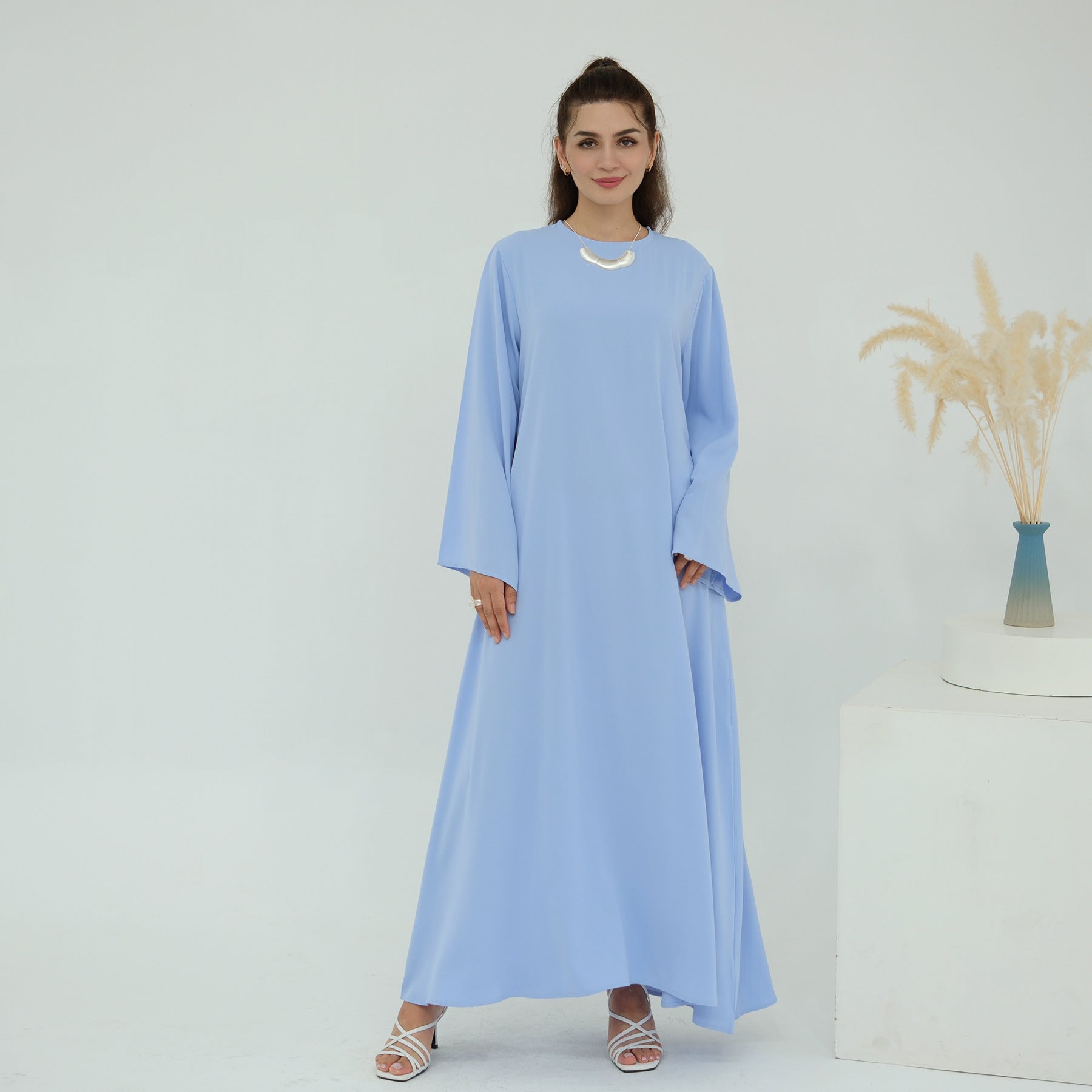 Solid Color Nida Abaya with Belt | A-Line Maxi Dress(MA359)