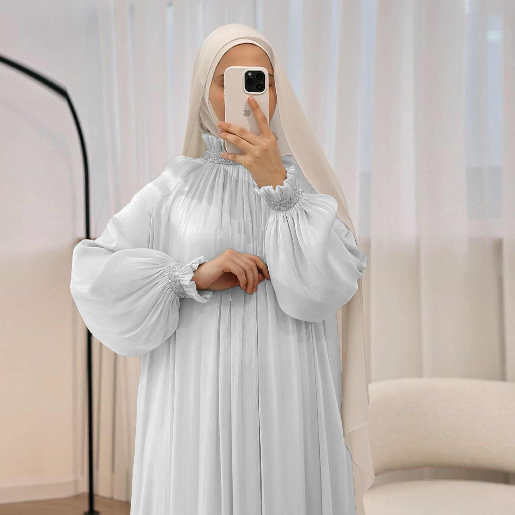 Elegant Glossy Flower Cuff Sequinned Abaya (MA140)