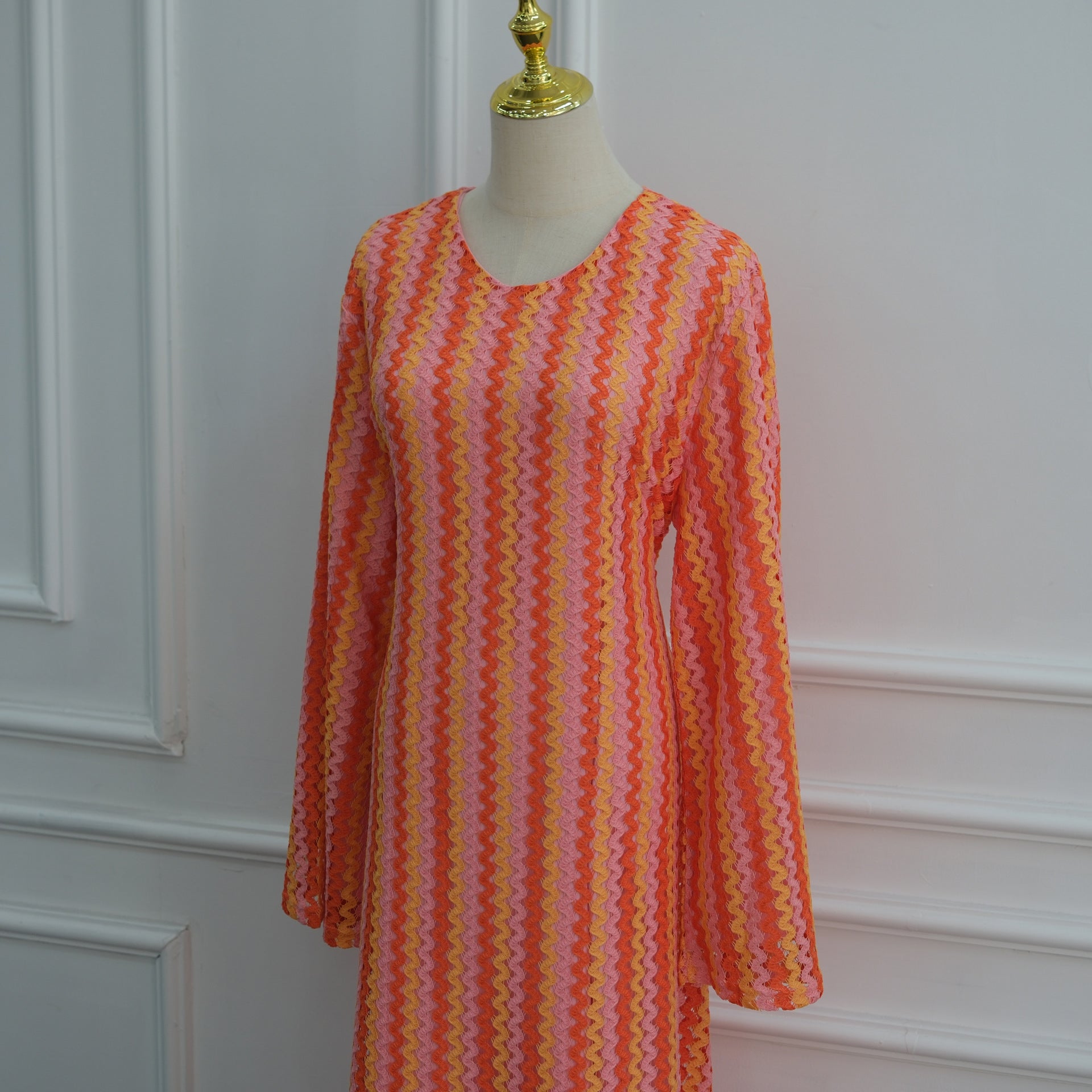 Rainbow Jacquard Flared-Sleeve Maxi Dress(MS486)