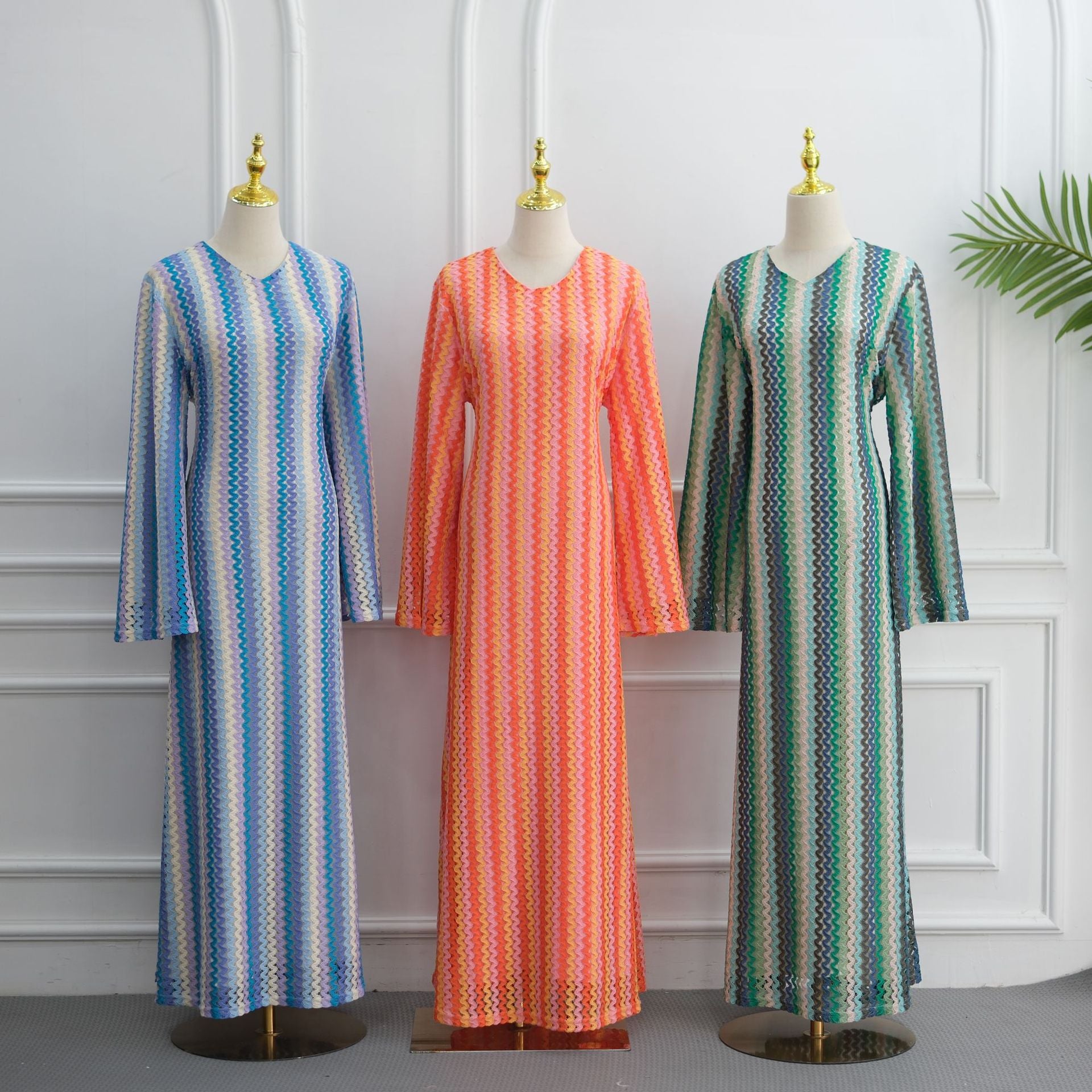 Rainbow Jacquard Flared-Sleeve Maxi Dress(MS486)