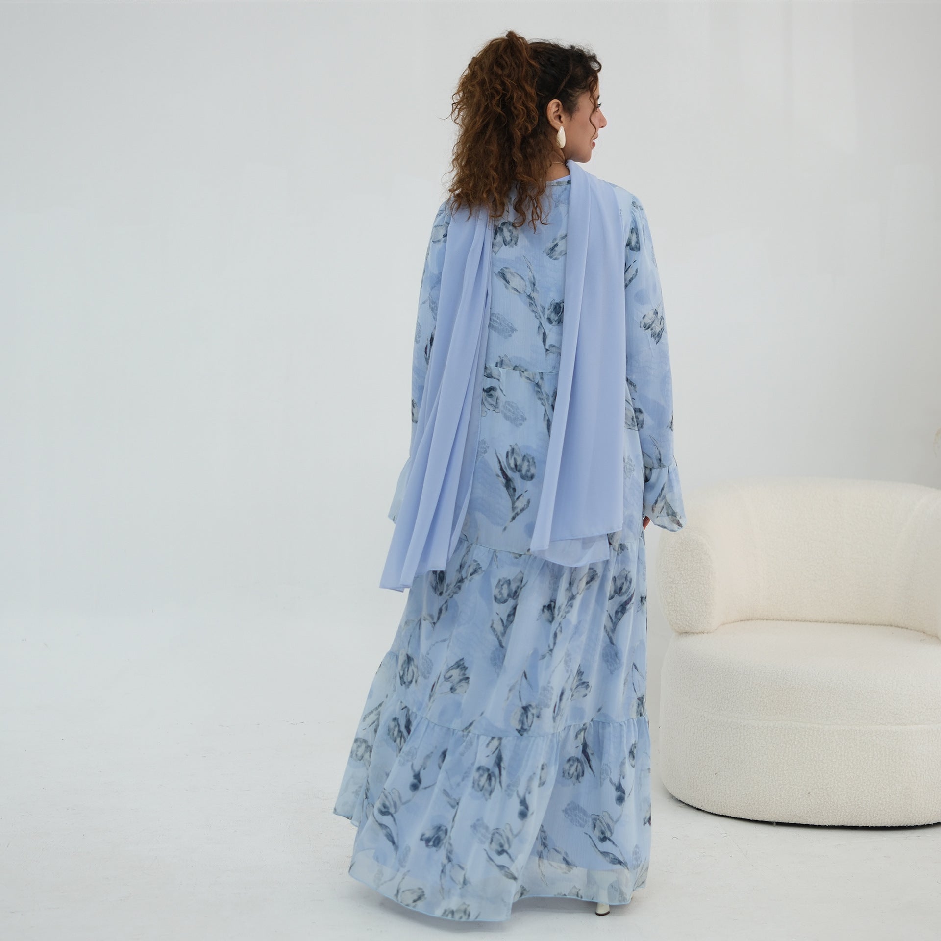Chiffon Crinkle Flared Sleeve Tiered Open Abaya Set(MOA341)