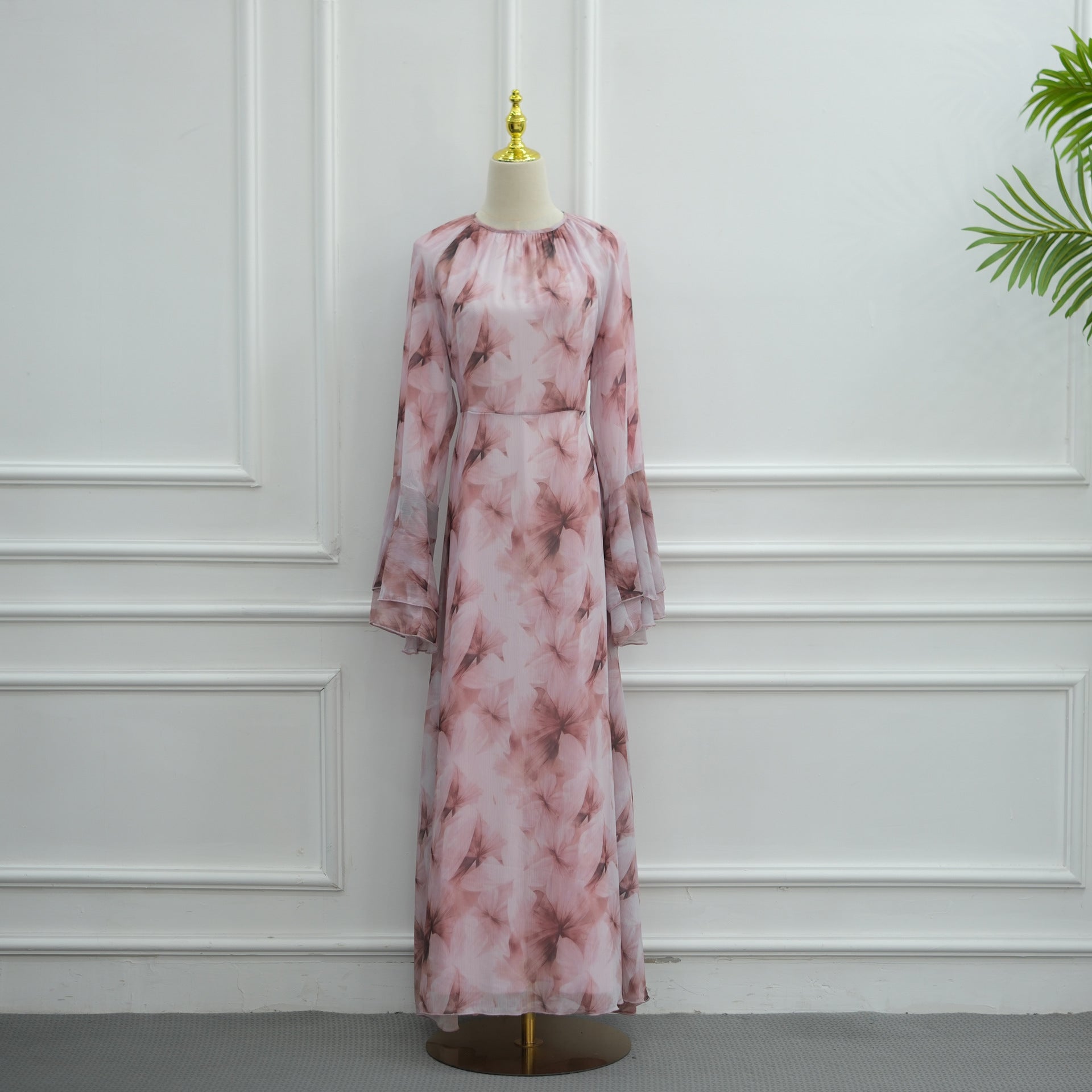 Watercolour Print Double-Layer Flared-Sleeve Maxi Dress(MA479)