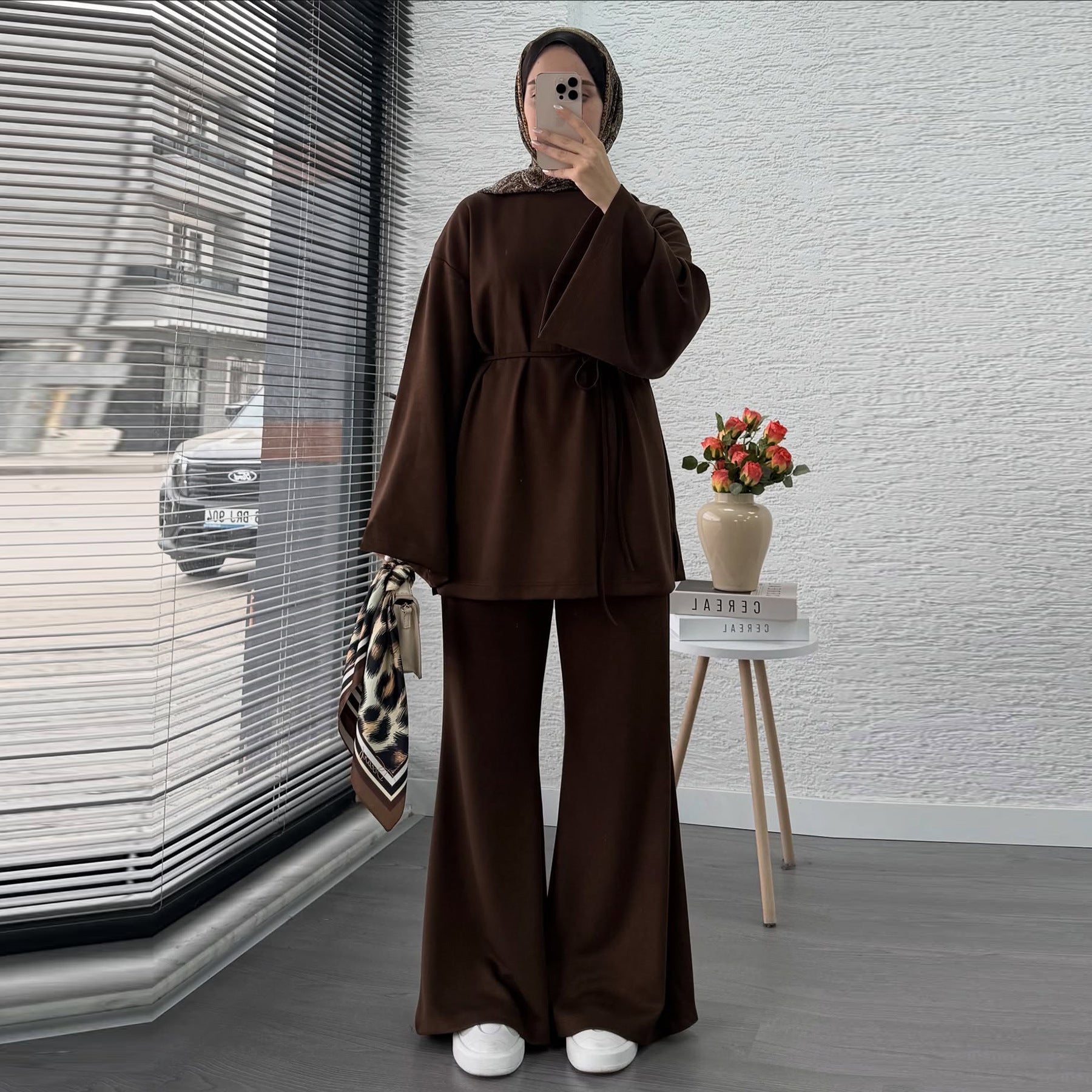 Cotton Two-Piece Set | Belted Tunic Top & Pants(MS279)