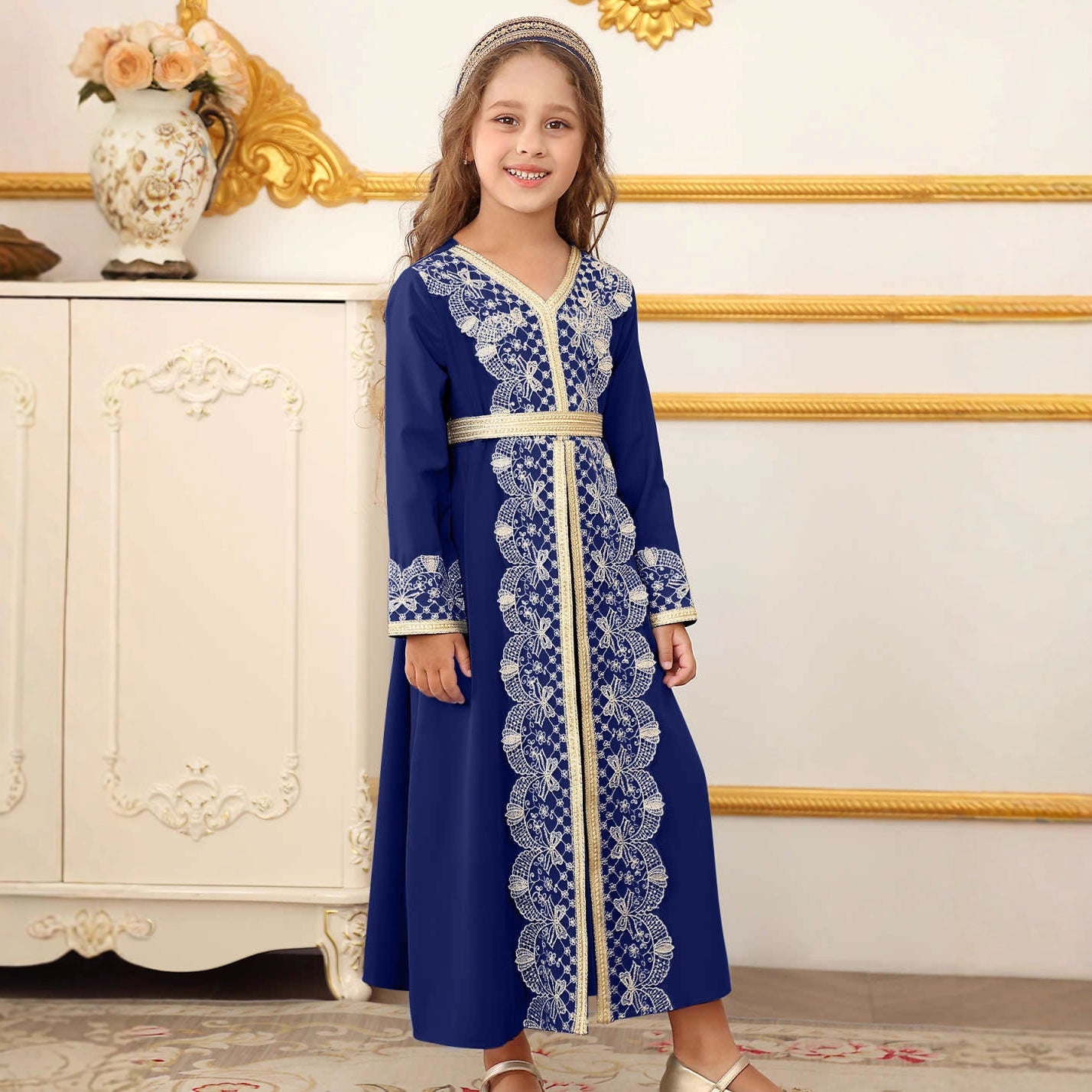 Girls Lace Trim Kaftan Dress | Elegant Kids Formal Abaya(MKG018)
