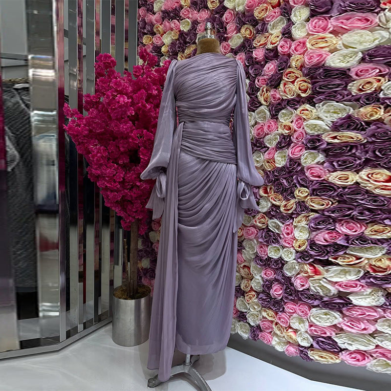 Ruched Evening Dress | Puff Sleeve Bodycon Maxi Dress(MS280)