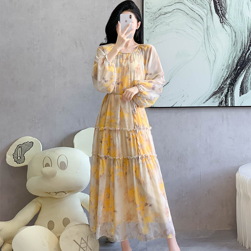 Watercolor Print Chiffon Maxi Dress | Long Sleeve Tiered Dress(MS270)