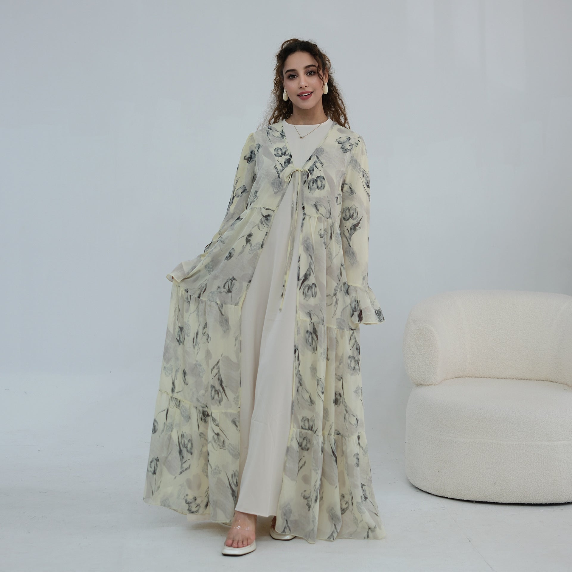 Chiffon Crinkle Flared Sleeve Tiered Open Abaya Set(MOA341)
