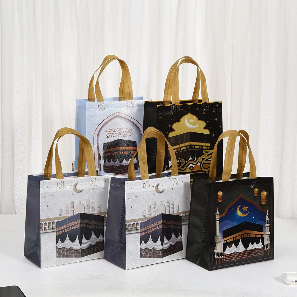 Ramadan Eid Mubarak Handheld Gift Bag Set | Kaaba Print Non-Woven Tote Bags