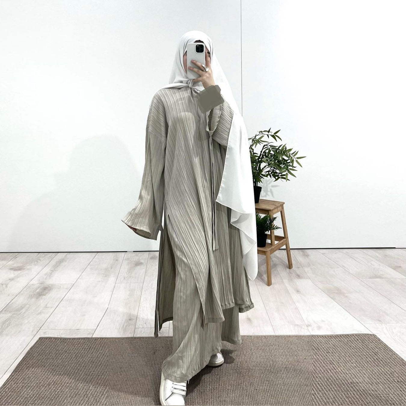 Muslim Modest Fashion Wrinkle-Texture Robe Skirt Set(MS103)