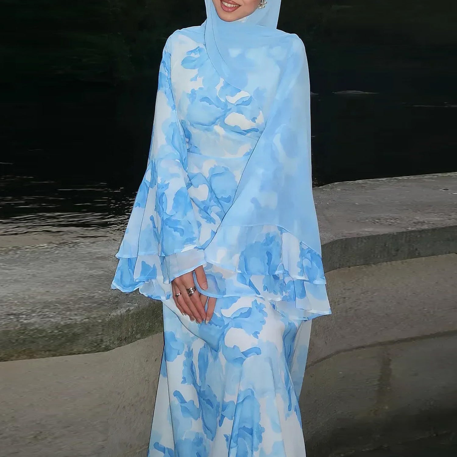 Watercolour Print Double-Layer Flared-Sleeve Maxi Dress(MA479)