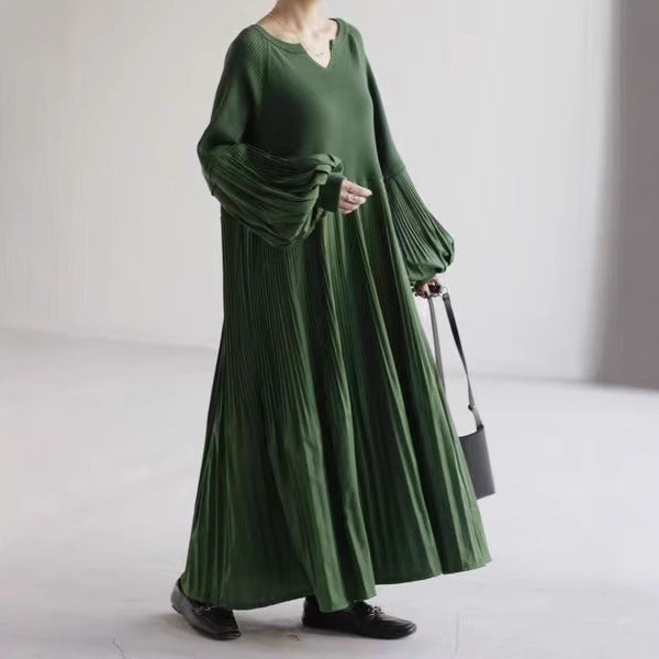 Pleated Knit Maxi Dress | Bubble Sleeve Mixed Media Sweater Dress(MS228)