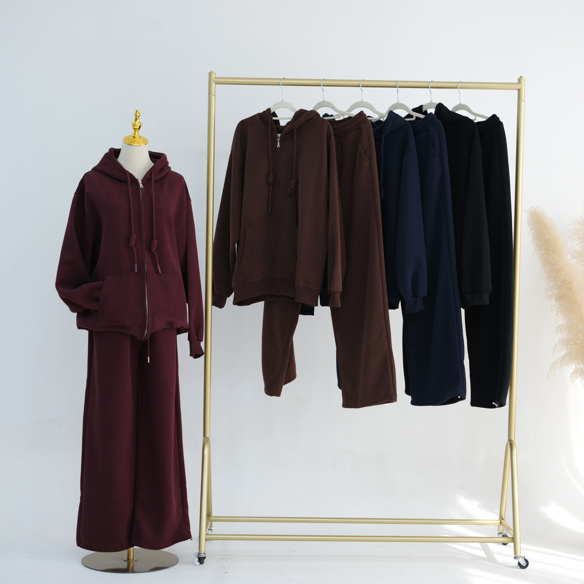 Zip-Up Hoodie & Wide-Leg Pants Set | Casual Modest Athleisure Two-Piece Outfit(MS595)