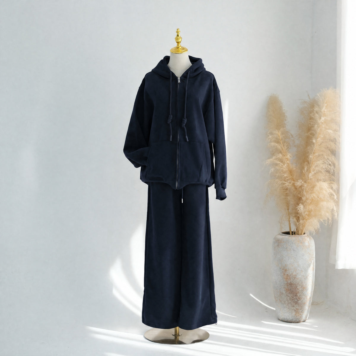 Zip-Up Hoodie & Wide-Leg Pants Set | Casual Modest Athleisure Two-Piece Outfit(MS595)