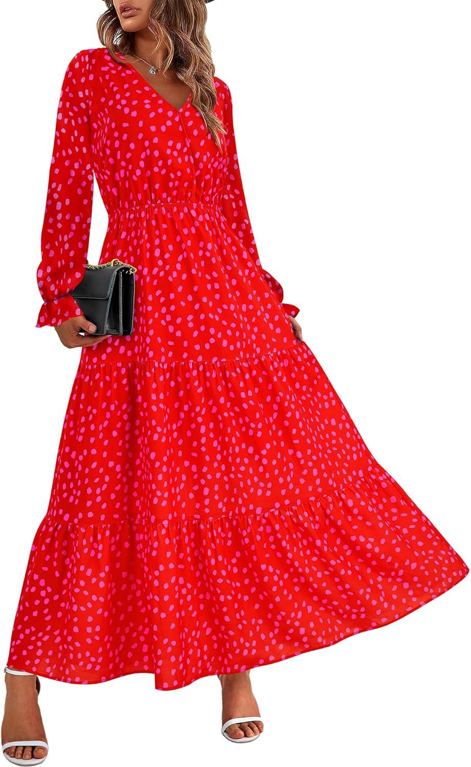 Floral Print V-Neck Midi Dress | Long Sleeve Elastic Waist Dress(MS271)