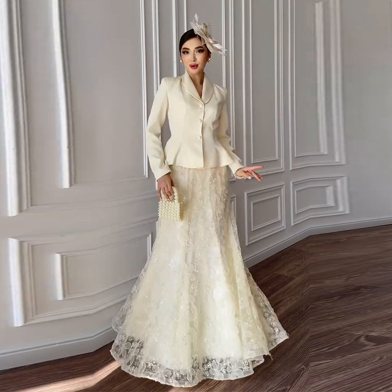 Cream Peplum Jacket & Lace Skirt Set(MS284)