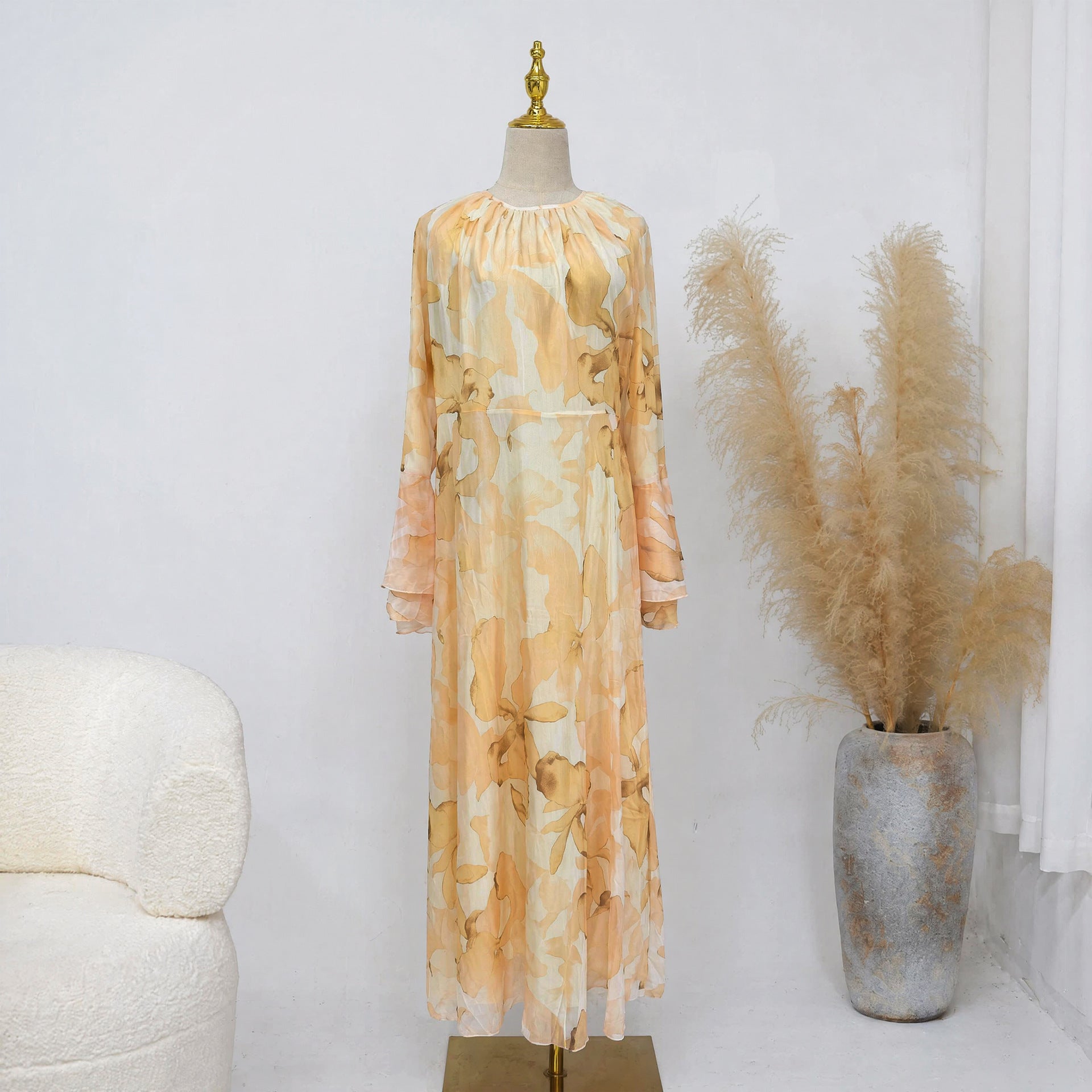 Watercolour Print Double-Layer Flared-Sleeve Maxi Dress(MA479)