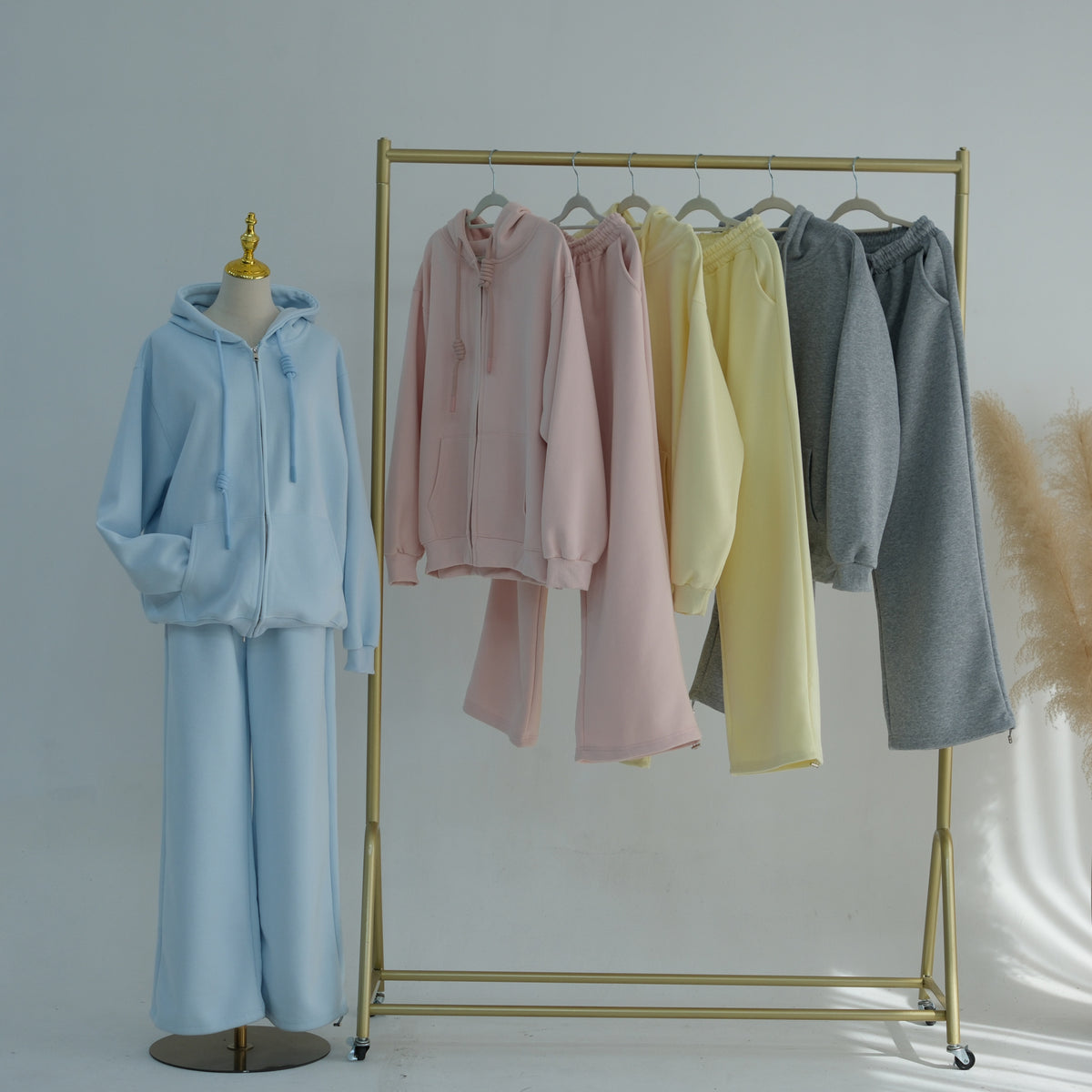 Zip-Up Hoodie & Wide-Leg Pants Set | Casual Modest Athleisure Two-Piece Outfit(MS595)