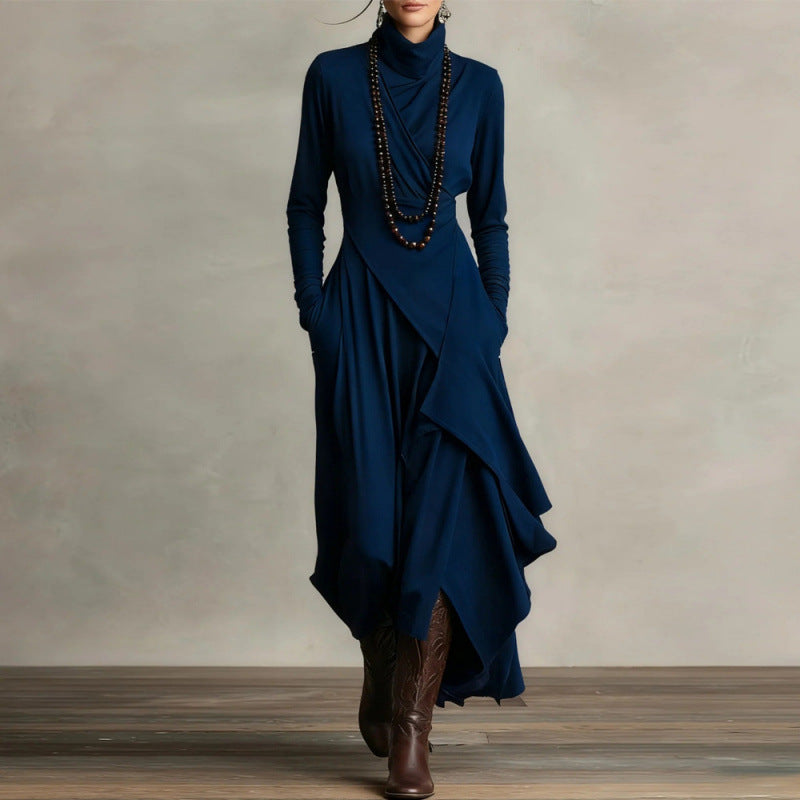 Asymmetric Wrap Gown with Turtleneck | Draped Handkerchief Hem Dress(MS261)